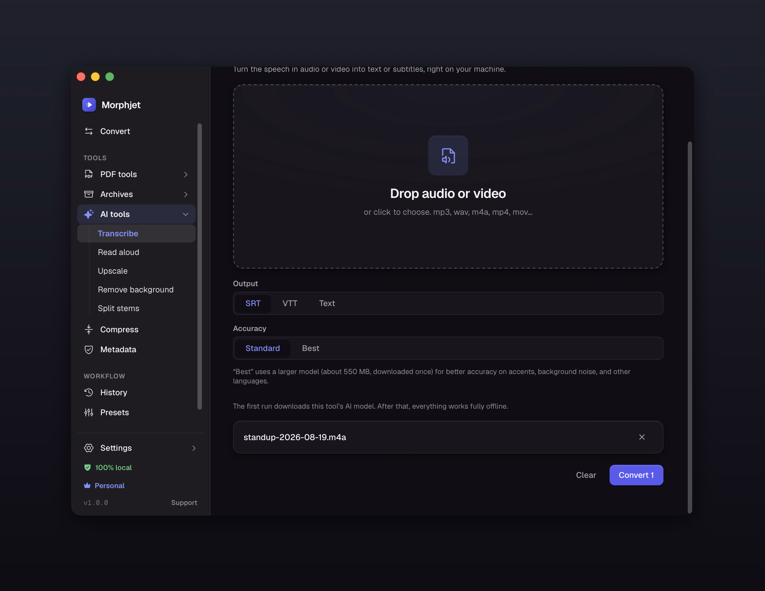 Morphjet turning an audio recording into text entirely on the user's own computer, with no upload and no network activity.
