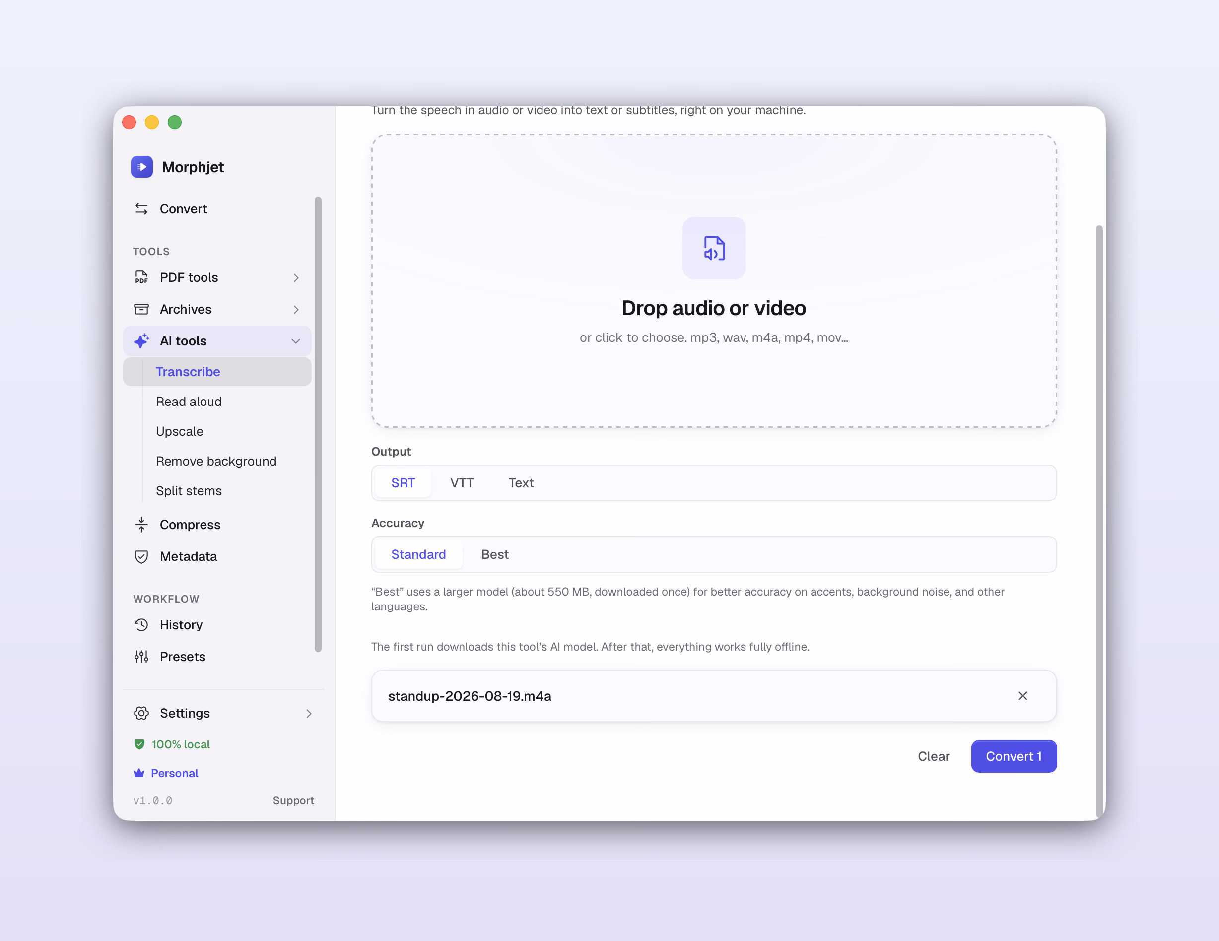 Morphjet turning an audio recording into text entirely on the user's own computer, with no upload and no network activity.