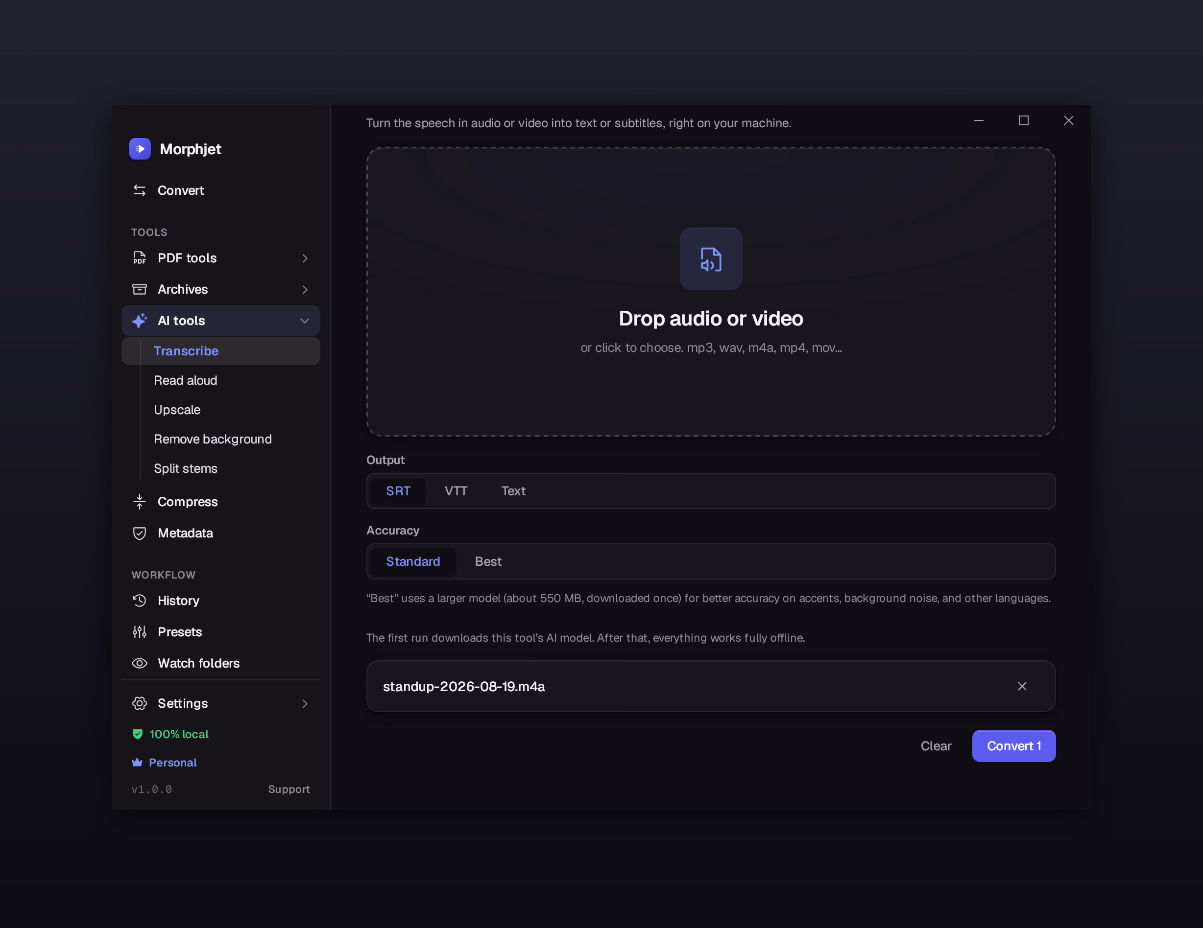Morphjet turning an audio recording into text entirely on the user's own computer, with no upload and no network activity.
