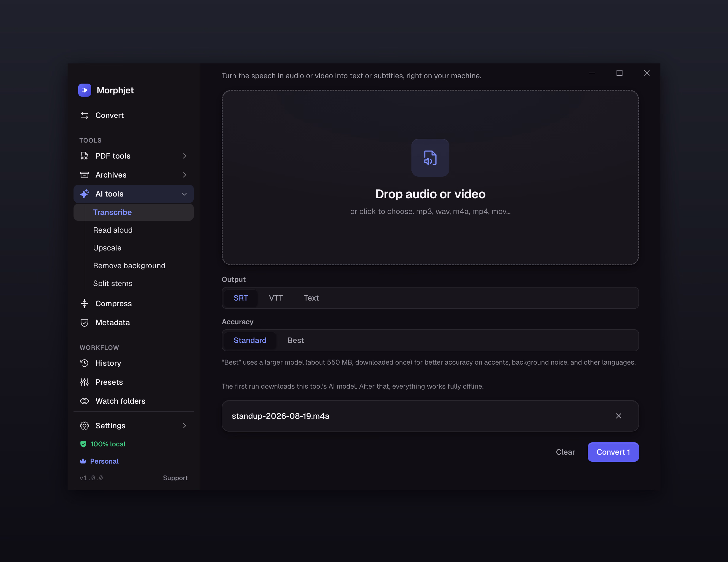 Morphjet turning an audio recording into text entirely on the user's own computer, with no upload and no network activity.