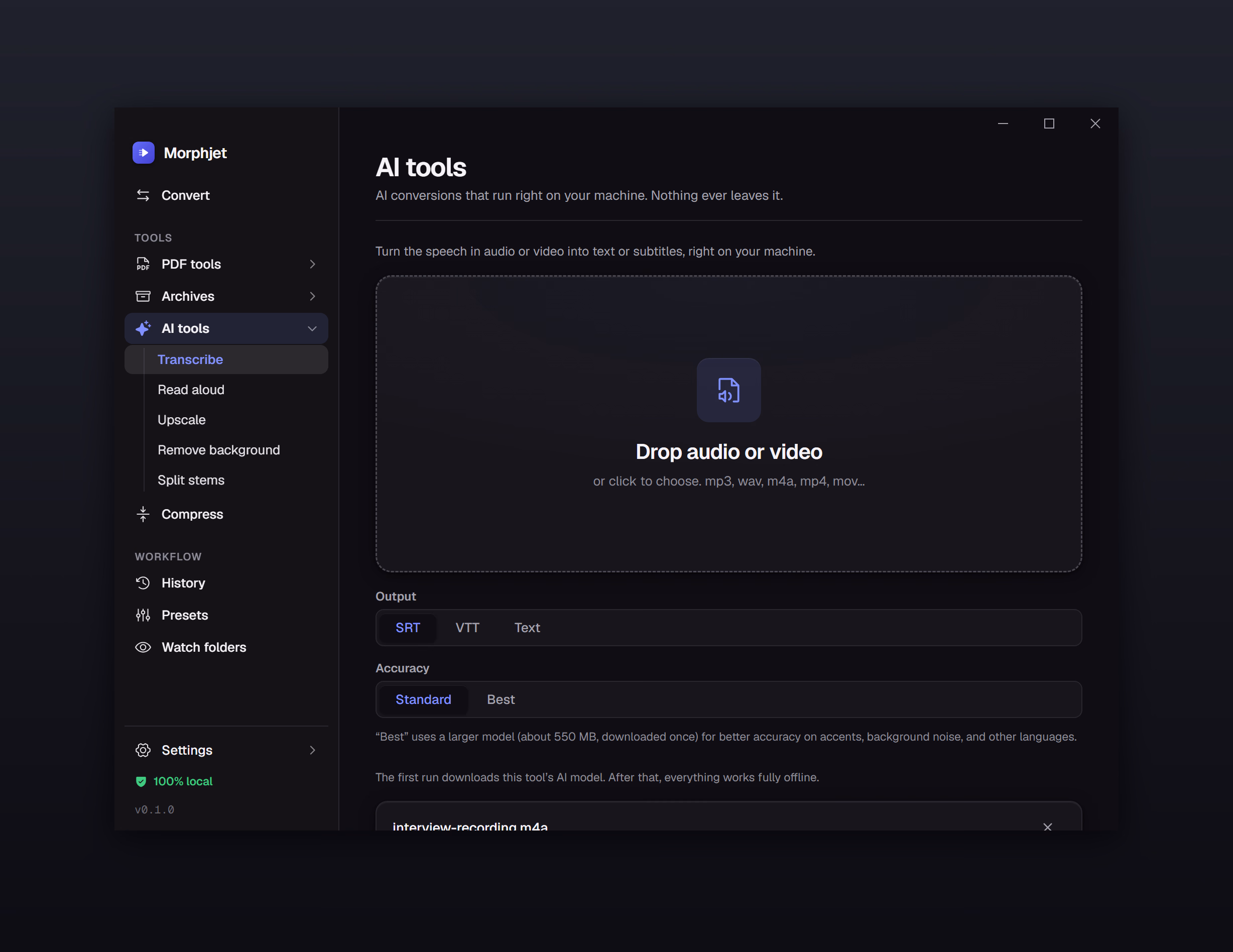 Morphjet turning an audio recording into text entirely on the user's own computer, with no upload and no network activity.