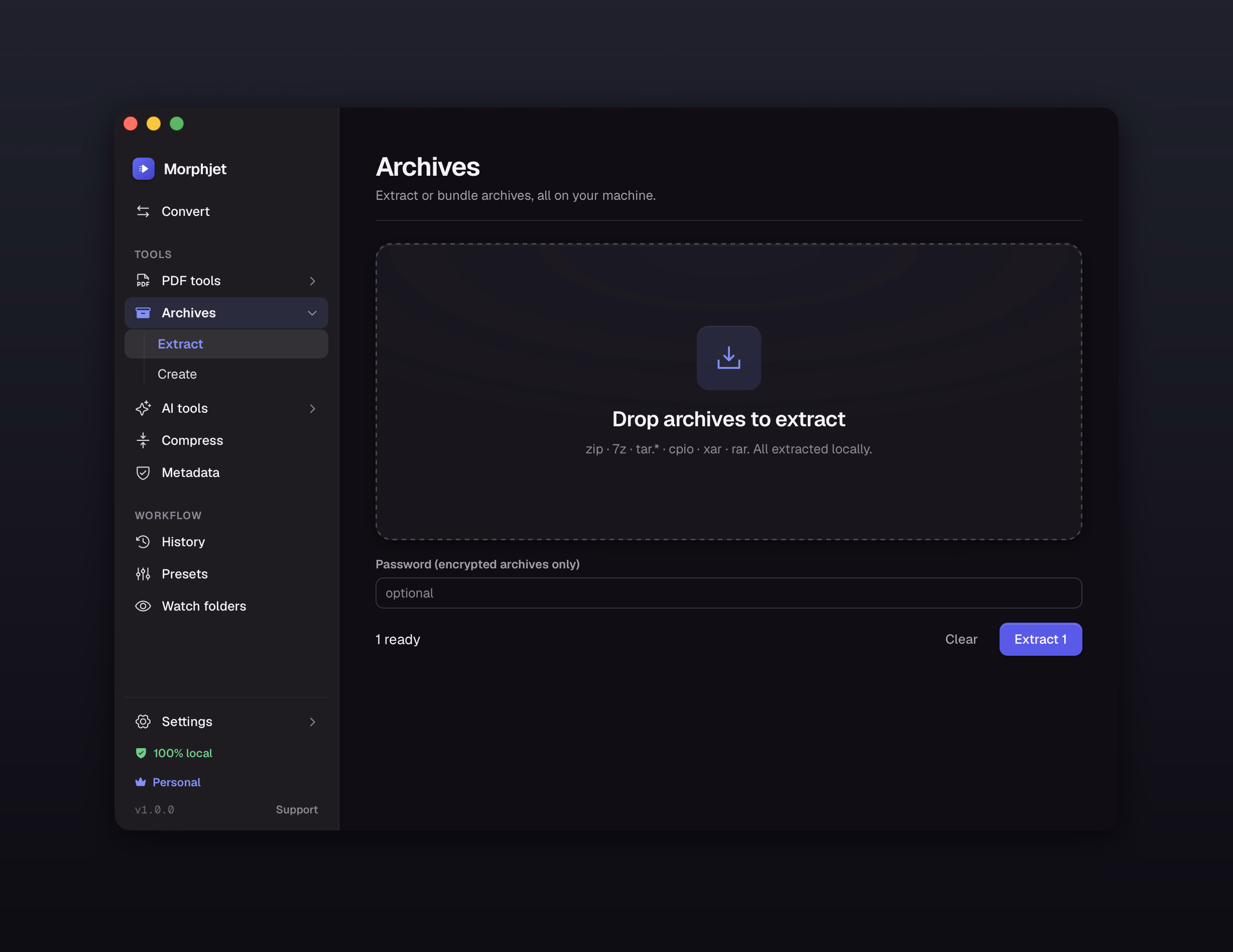 Morphjet's archive tool, listing the archive formats it extracts and a password field for encrypted ones.