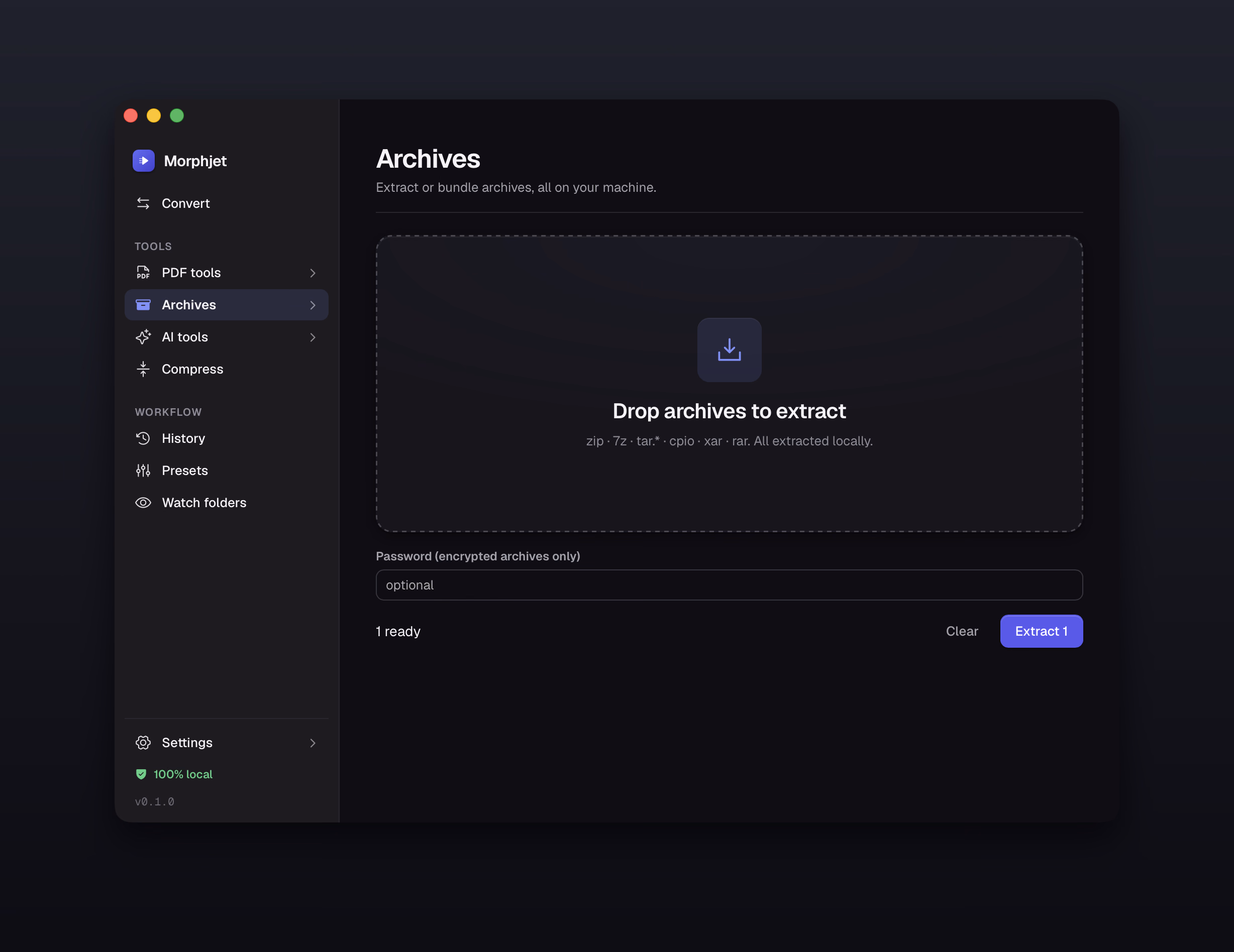 Morphjet's archive tool, listing the archive formats it extracts and a password field for encrypted ones.