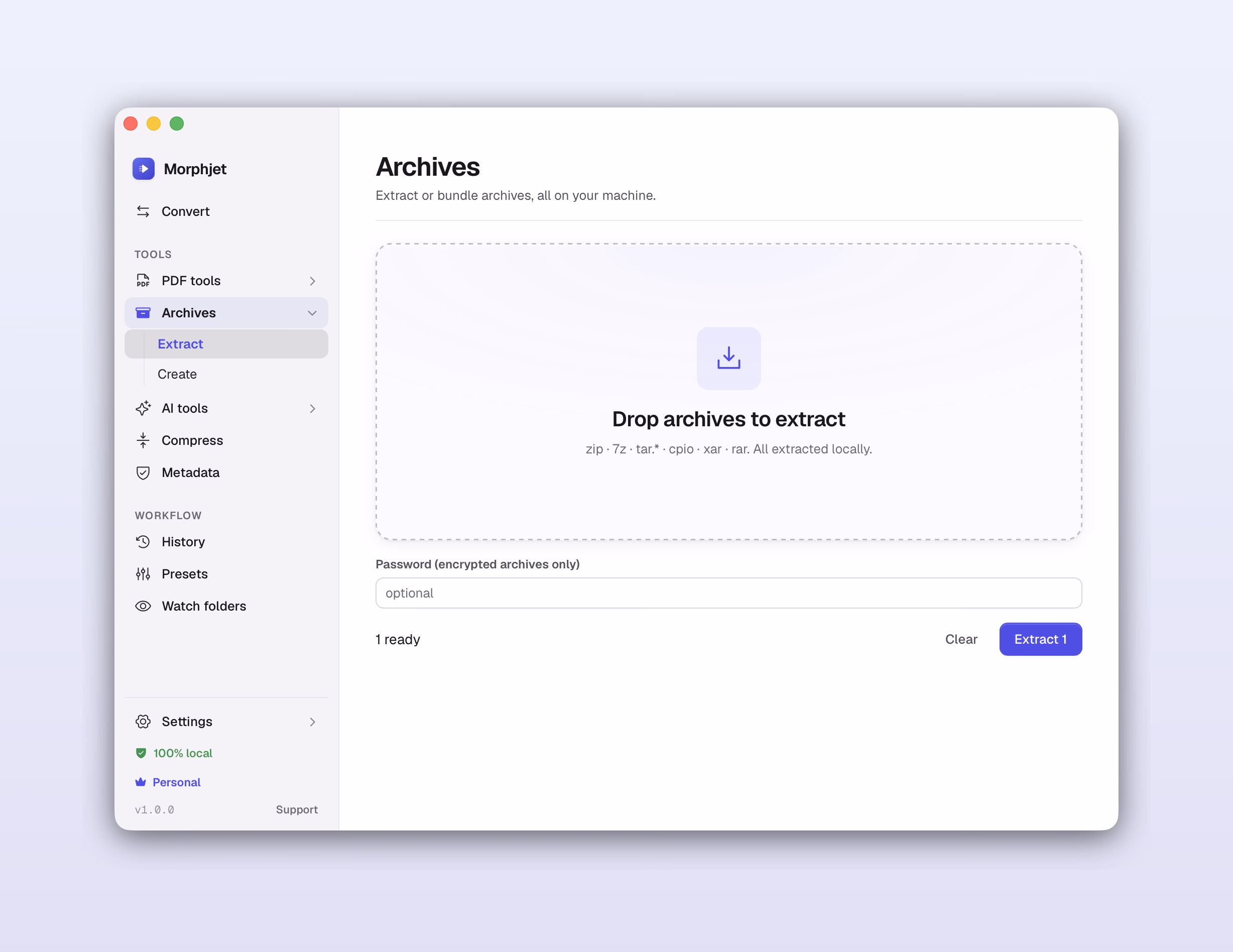 Morphjet's archive tool, listing the archive formats it extracts and a password field for encrypted ones.