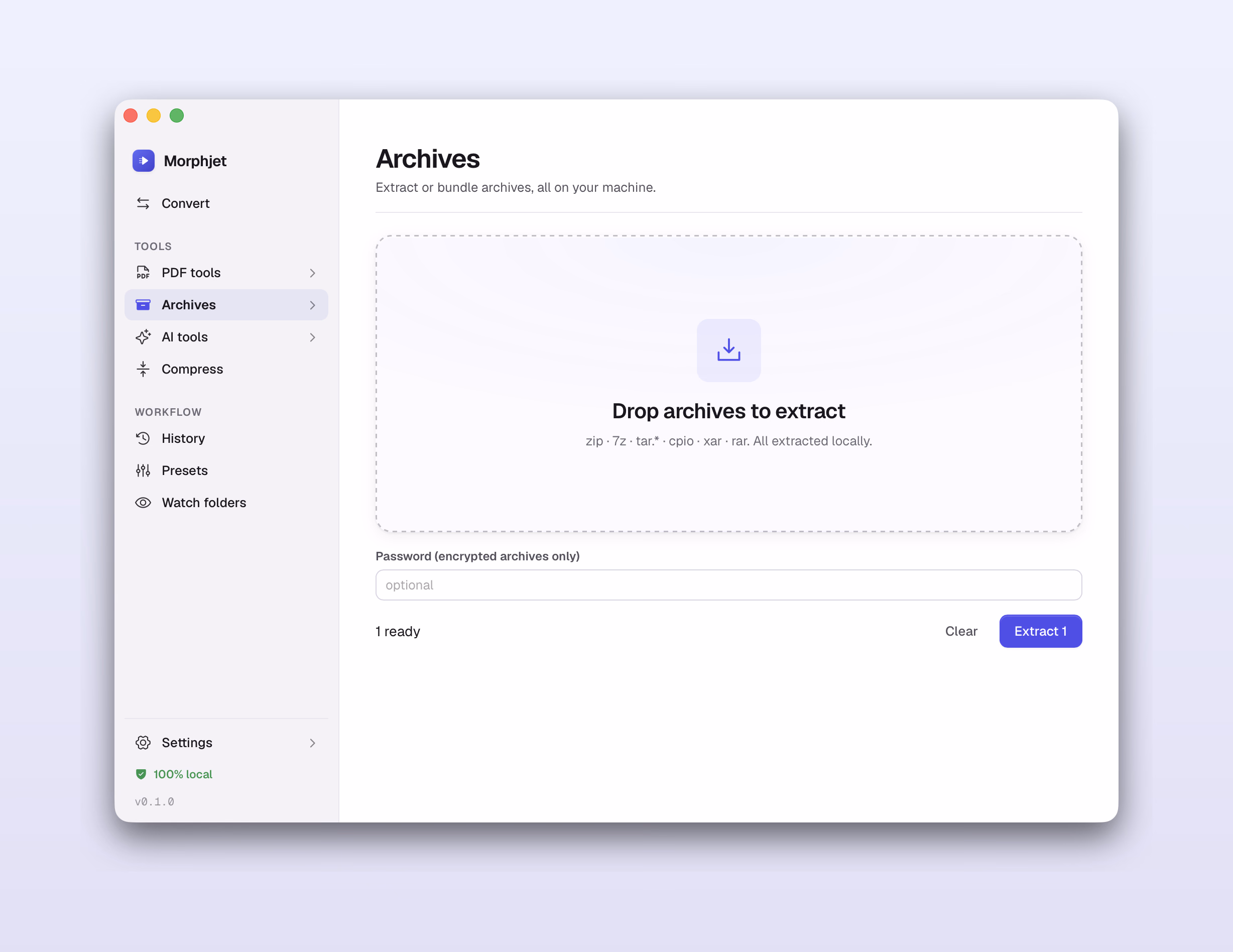 Morphjet's archive tool, listing the archive formats it extracts and a password field for encrypted ones.