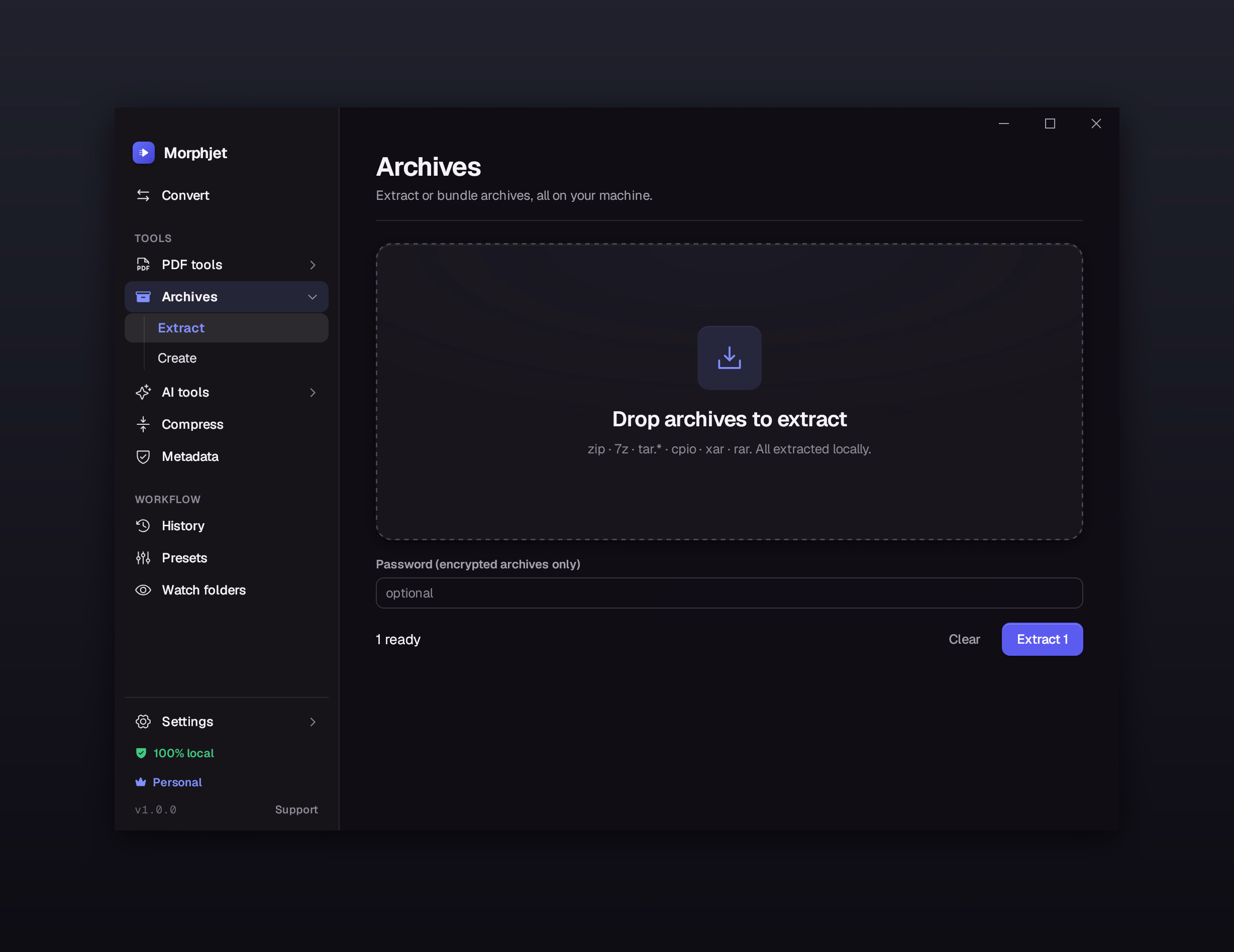 Morphjet's archive tool, listing the archive formats it extracts and a password field for encrypted ones.