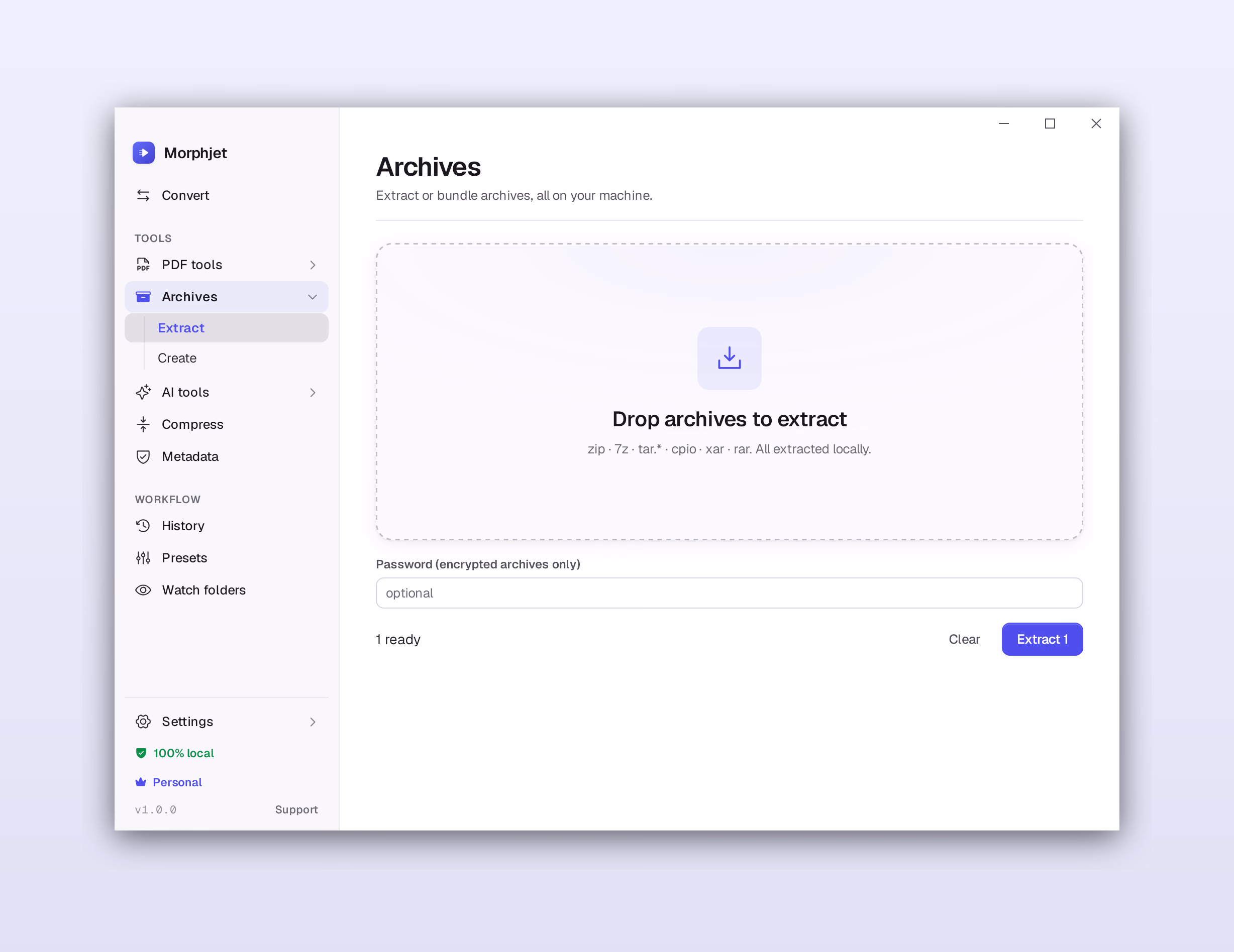 Morphjet's archive tool, listing the archive formats it extracts and a password field for encrypted ones.