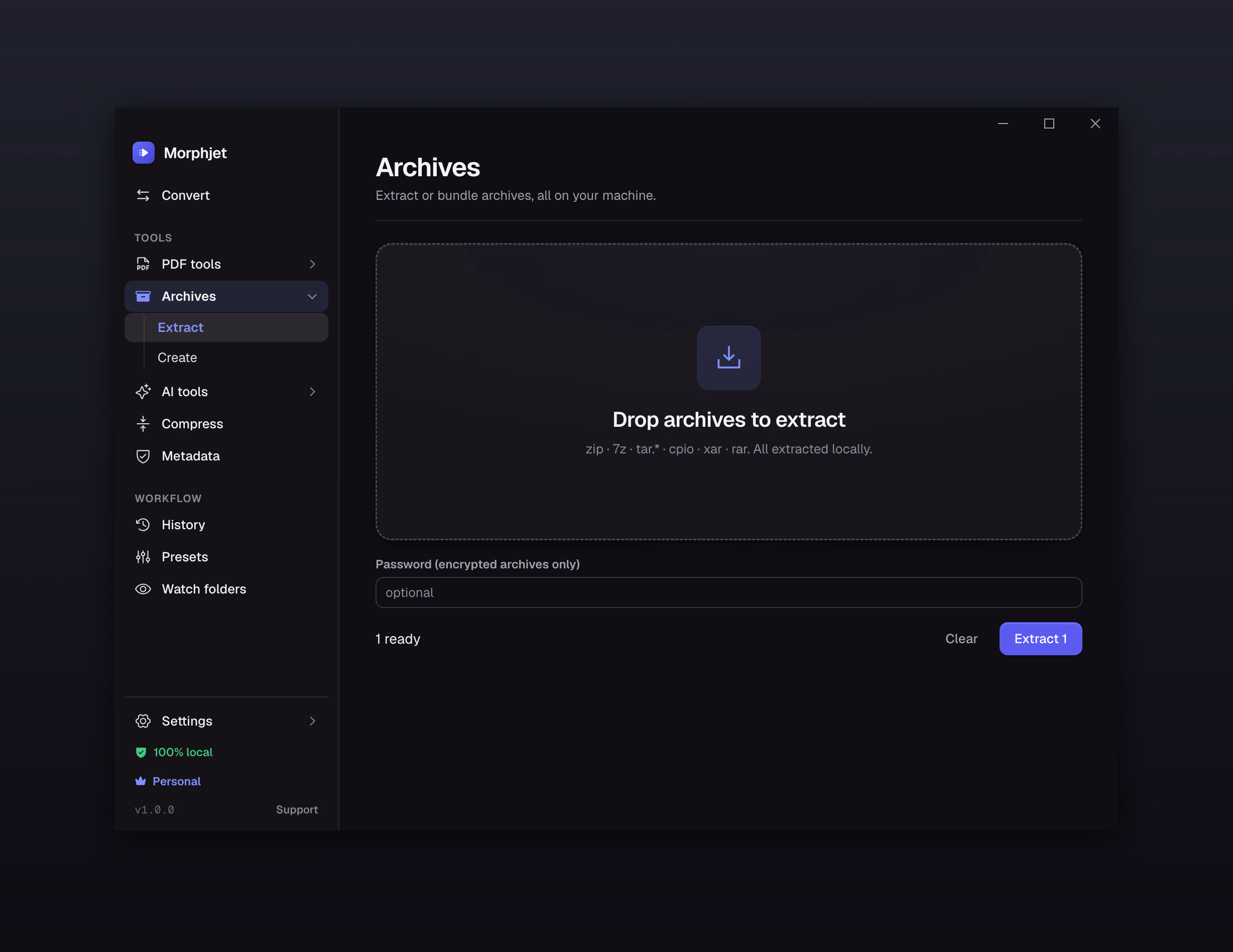 Morphjet's archive tool, listing the archive formats it extracts and a password field for encrypted ones.