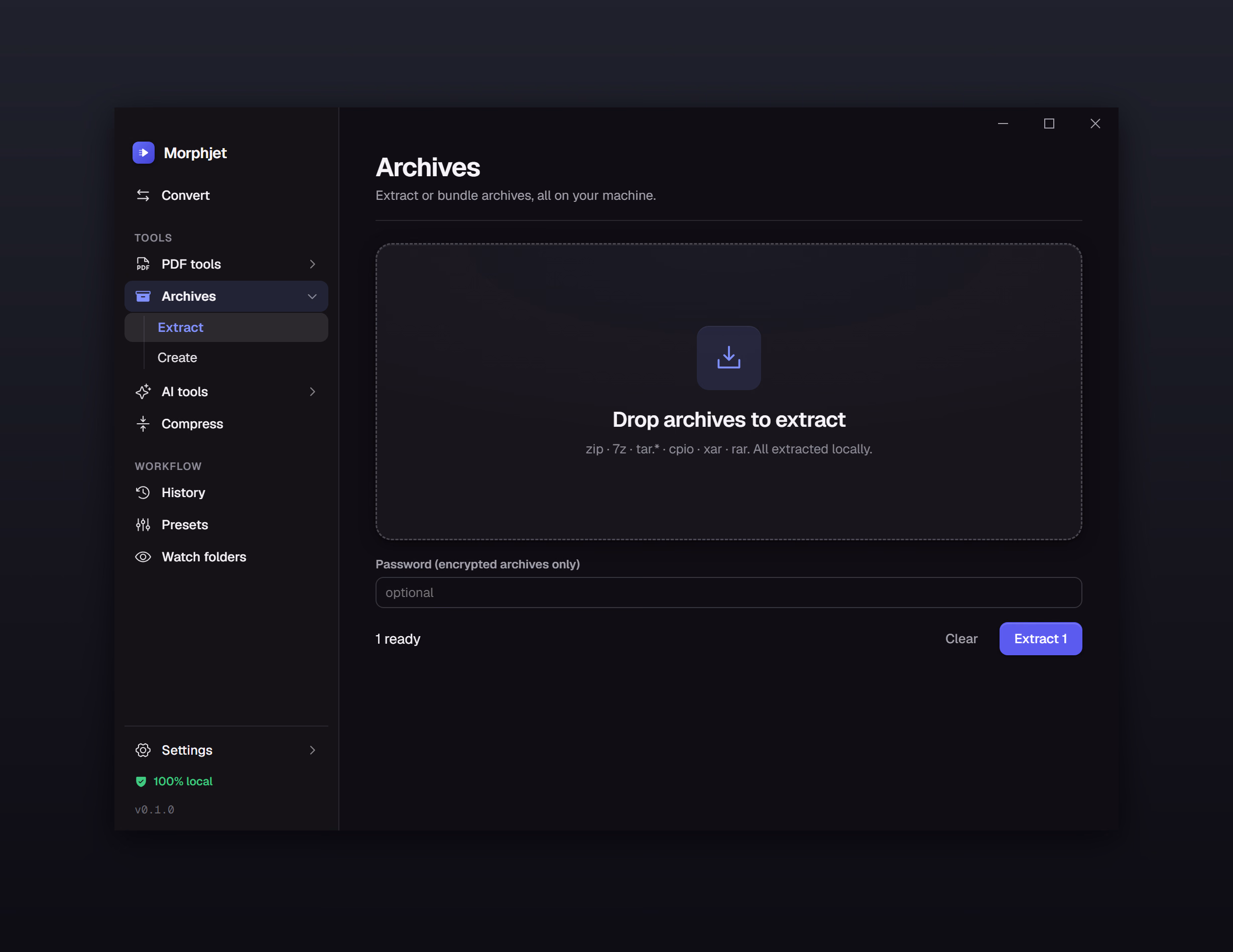 Morphjet's archive tool, listing the archive formats it extracts and a password field for encrypted ones.