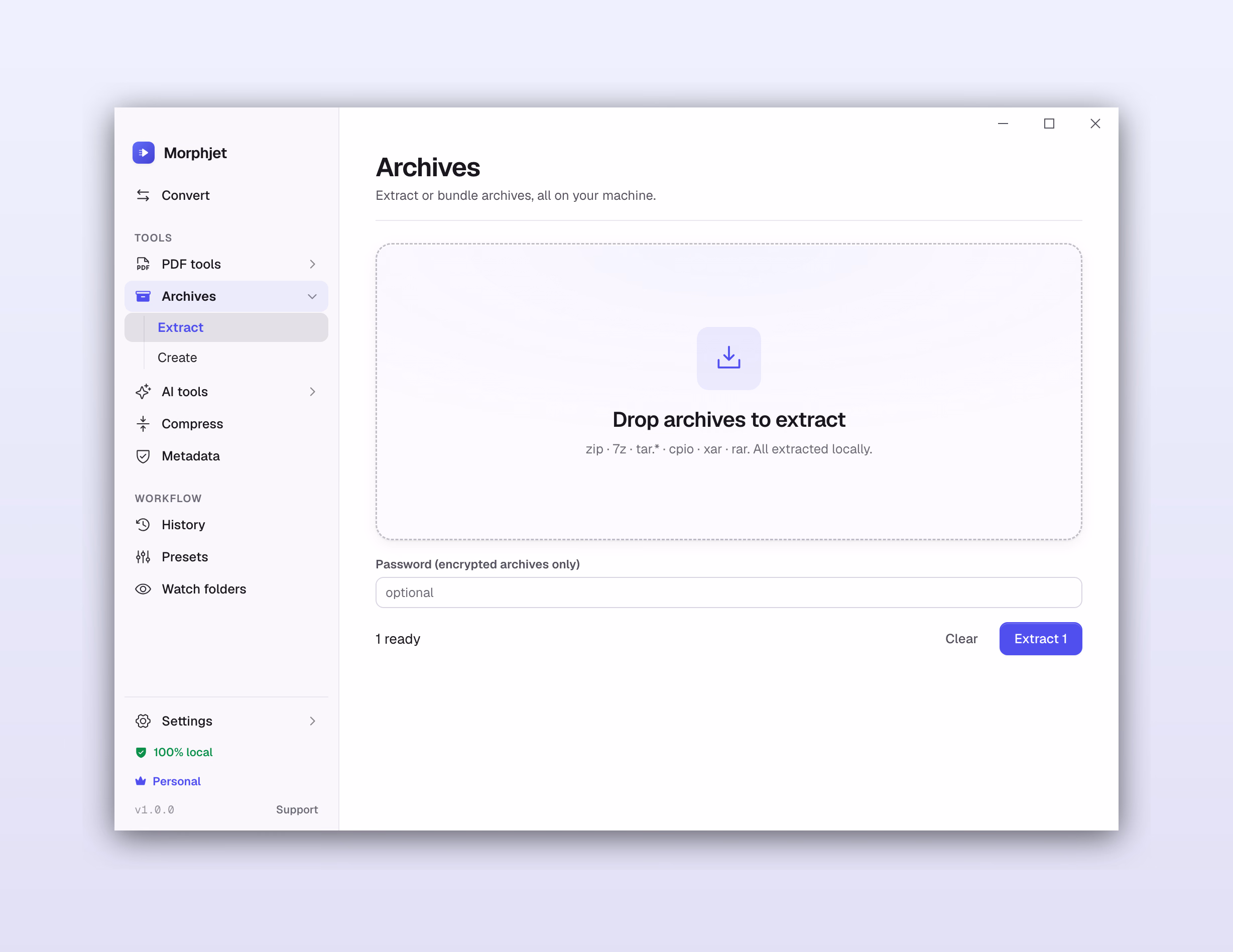 Morphjet's archive tool, listing the archive formats it extracts and a password field for encrypted ones.