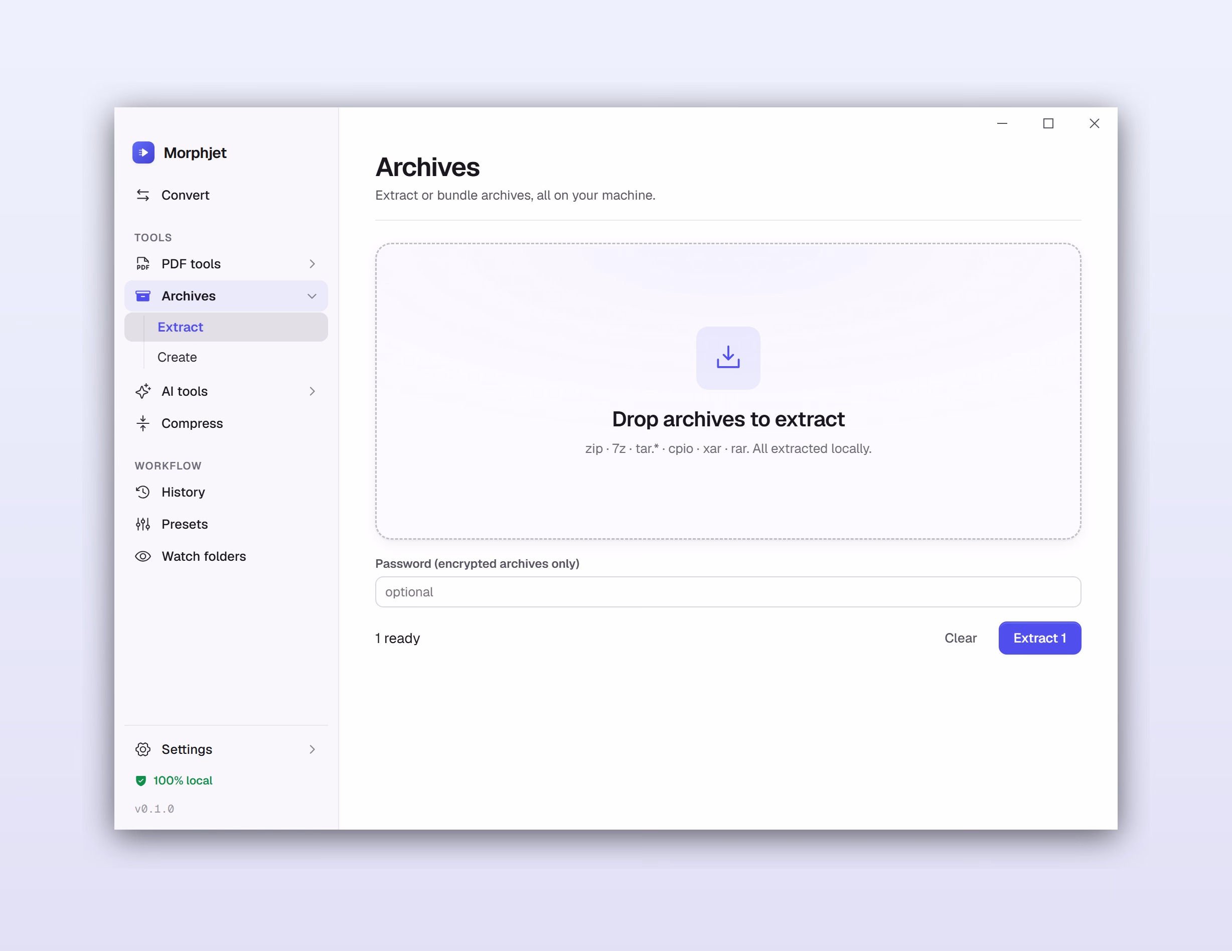 Morphjet's archive tool, listing the archive formats it extracts and a password field for encrypted ones.
