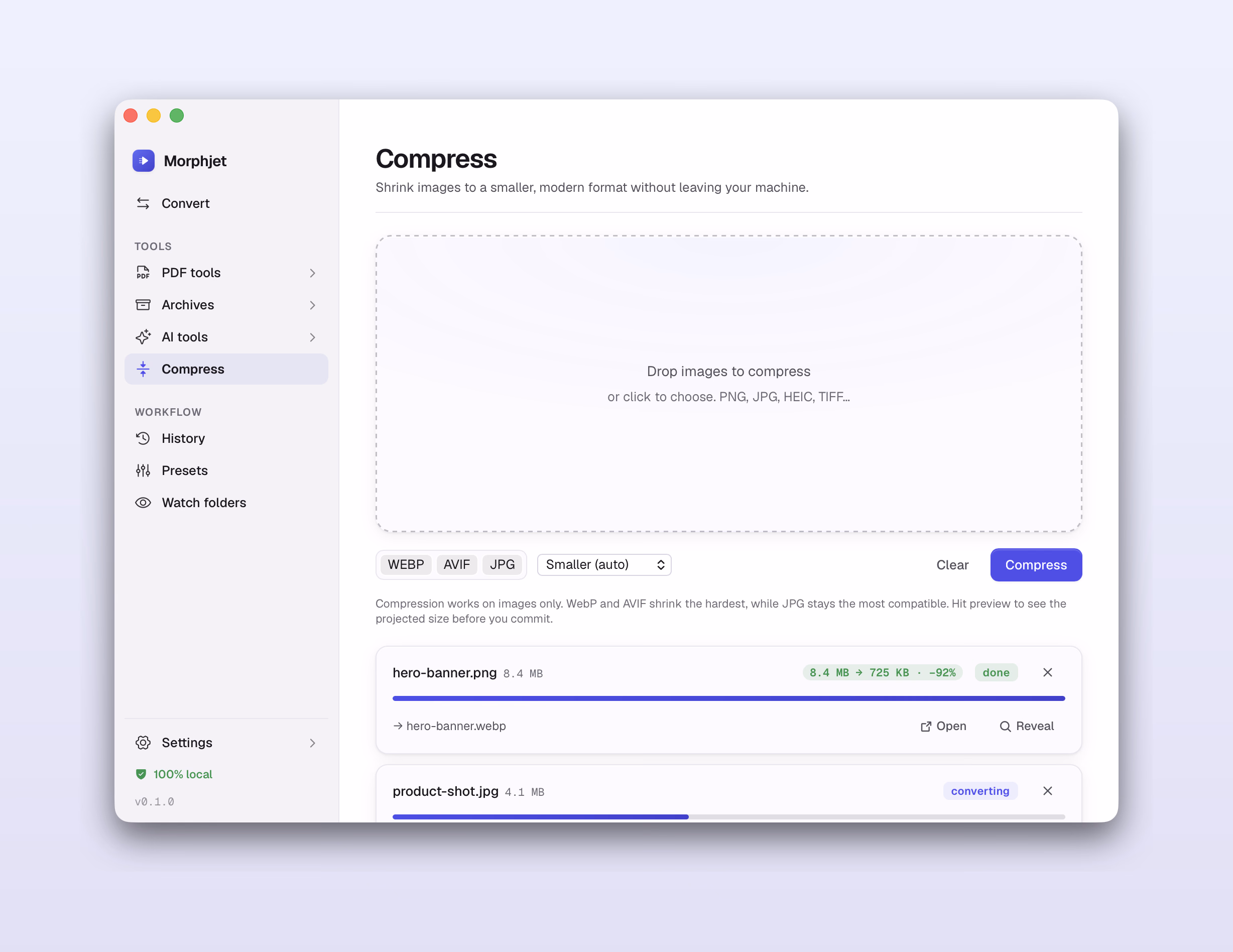 Morphjet compressing a file to hit an exact target size, showing a 92% reduction.