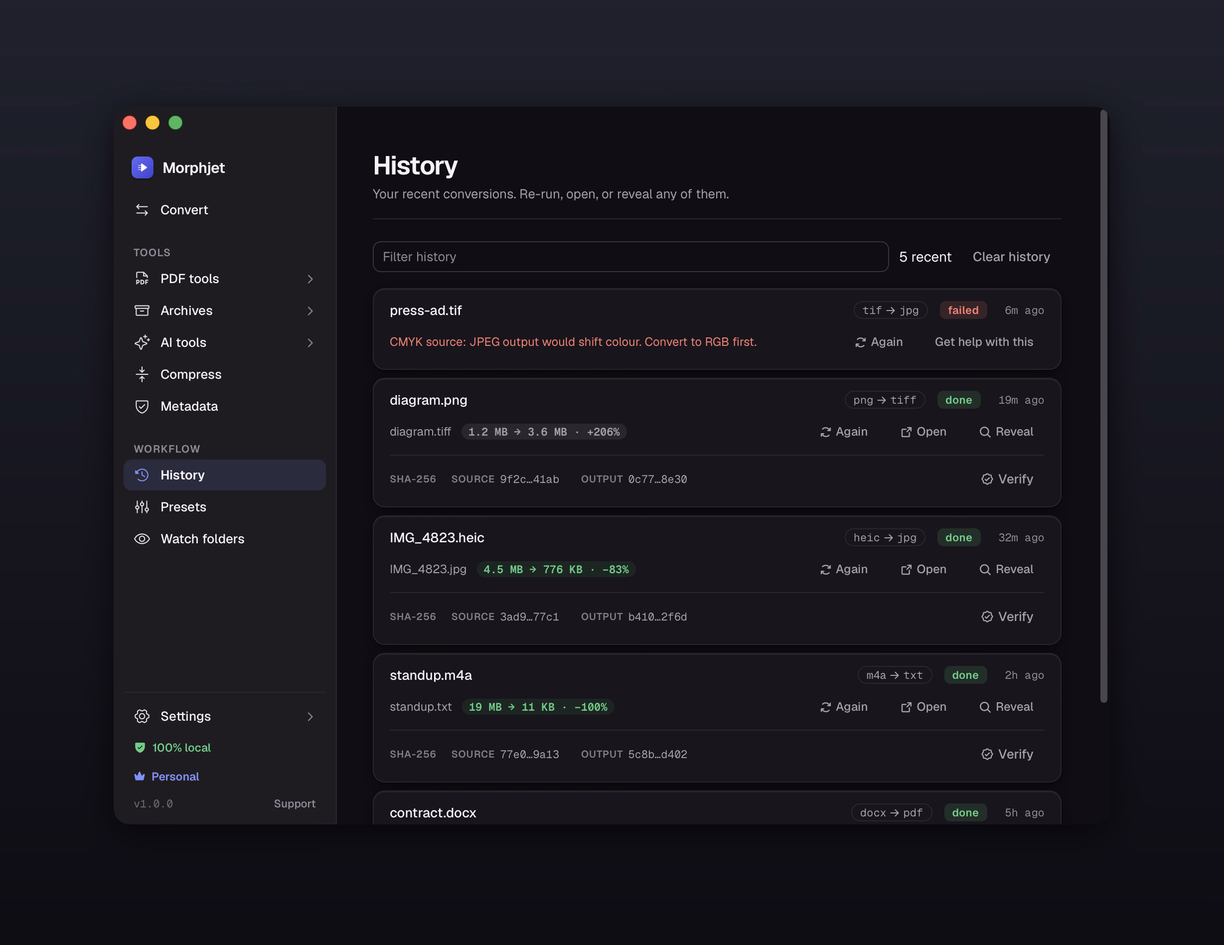 Morphjet's history view, listing recent conversions with size savings, a failure and its reason, and re-run controls.