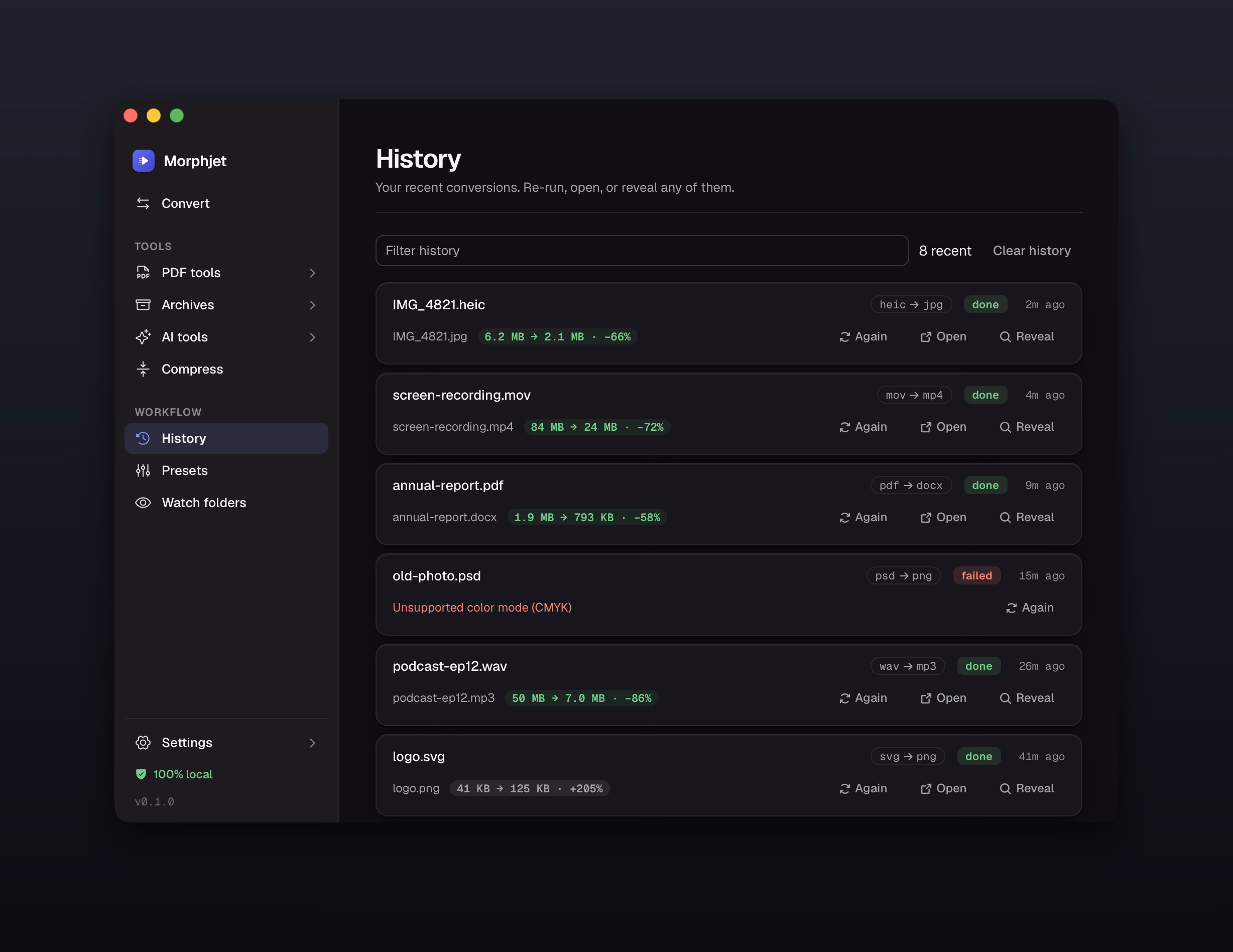 Morphjet's history view, listing recent conversions with size savings, a failure and its reason, and re-run controls.