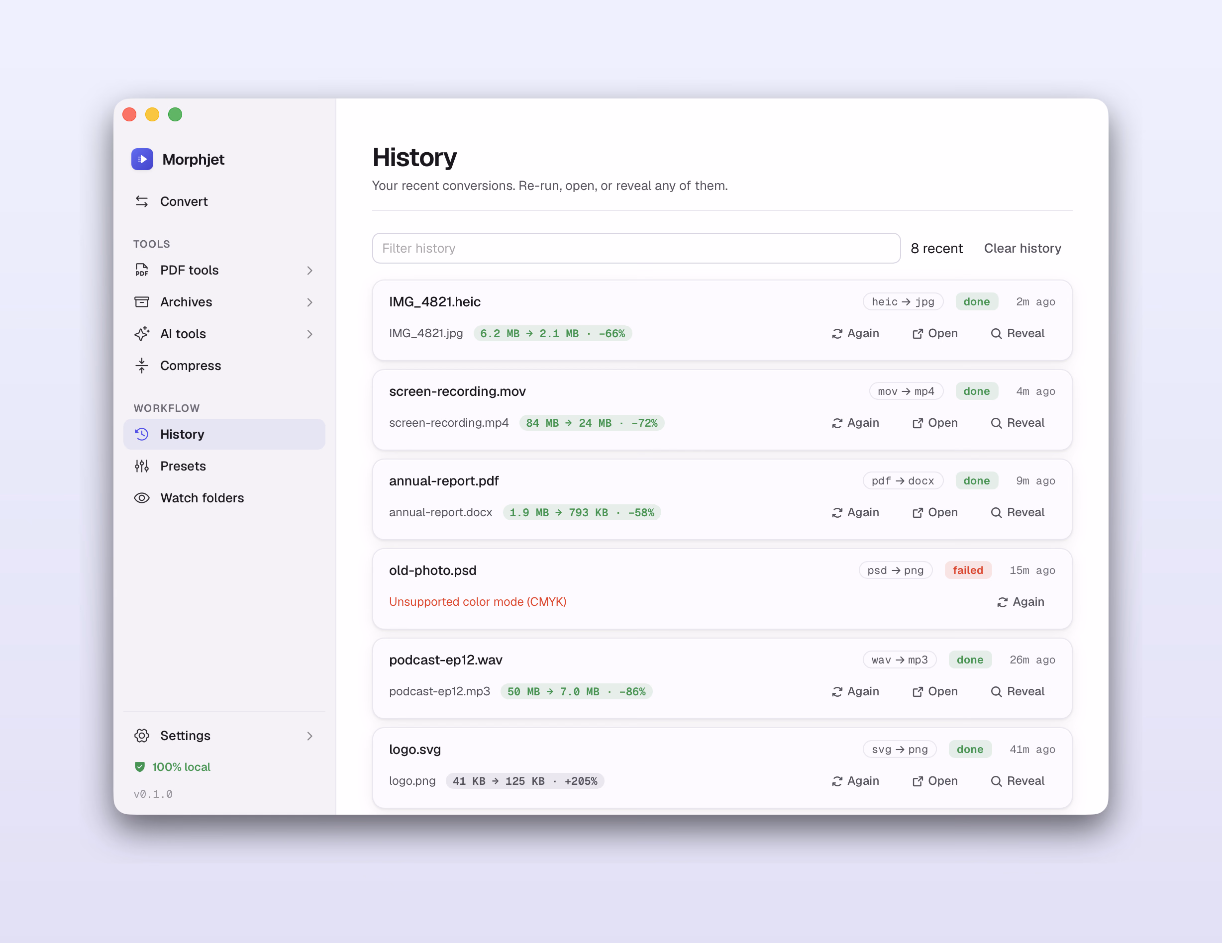 Morphjet's history view, listing recent conversions with size savings, a failure and its reason, and re-run controls.