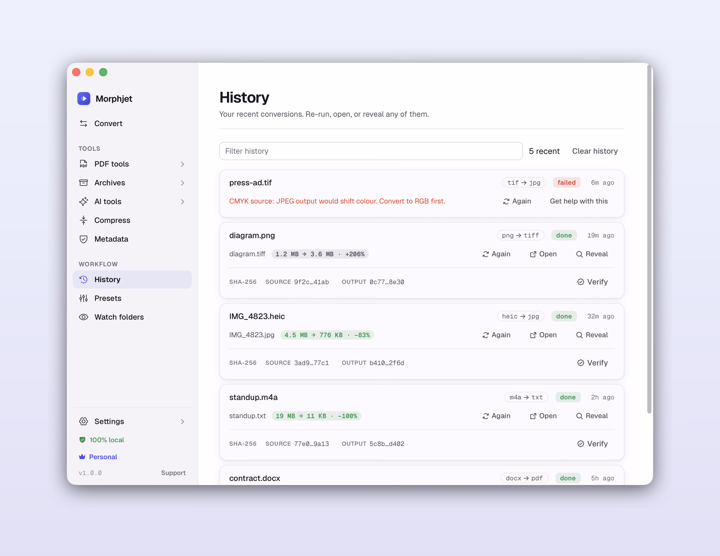 Morphjet's history view, listing recent conversions with size savings, a failure and its reason, and re-run controls.