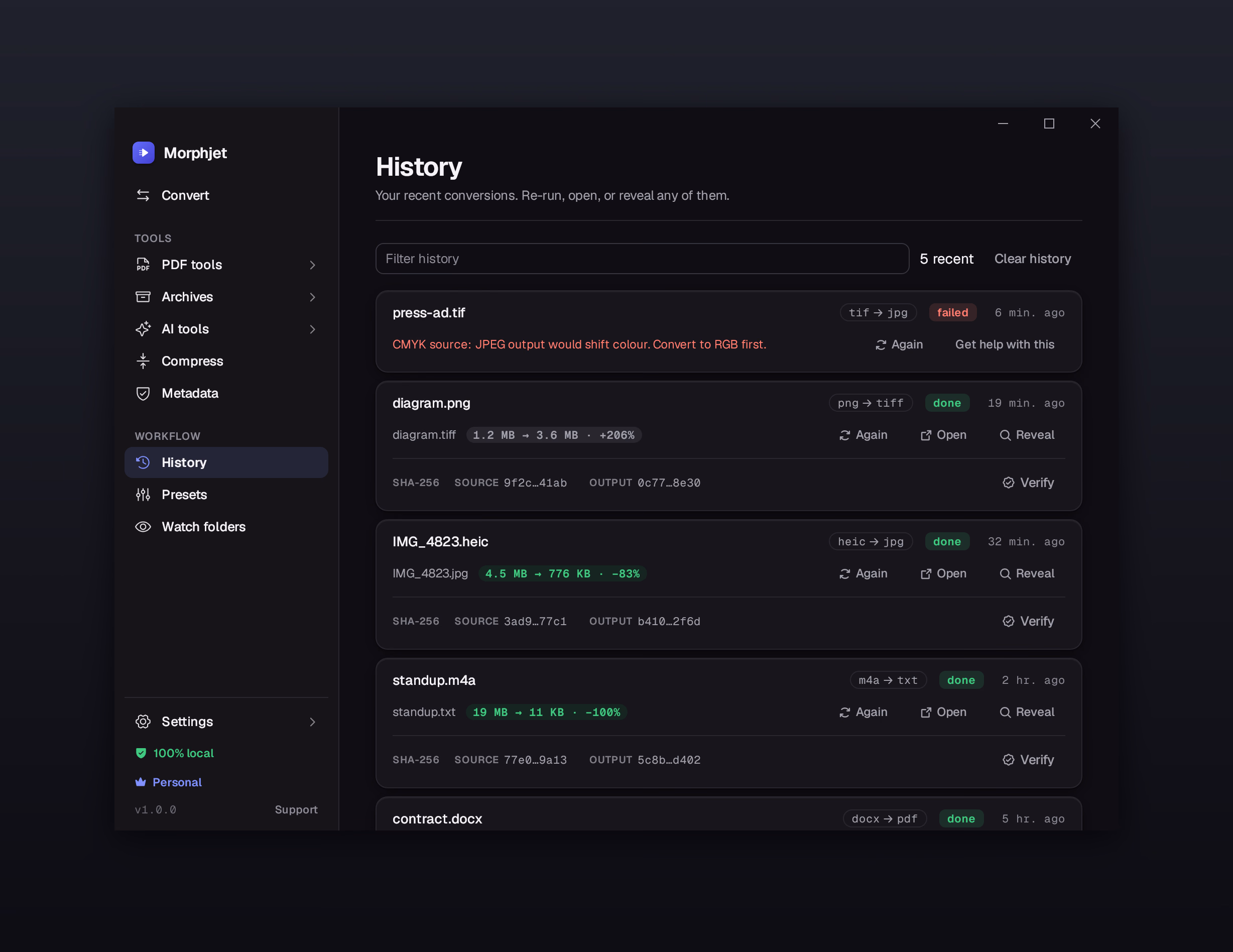Morphjet's history view, listing recent conversions with size savings, a failure and its reason, and re-run controls.
