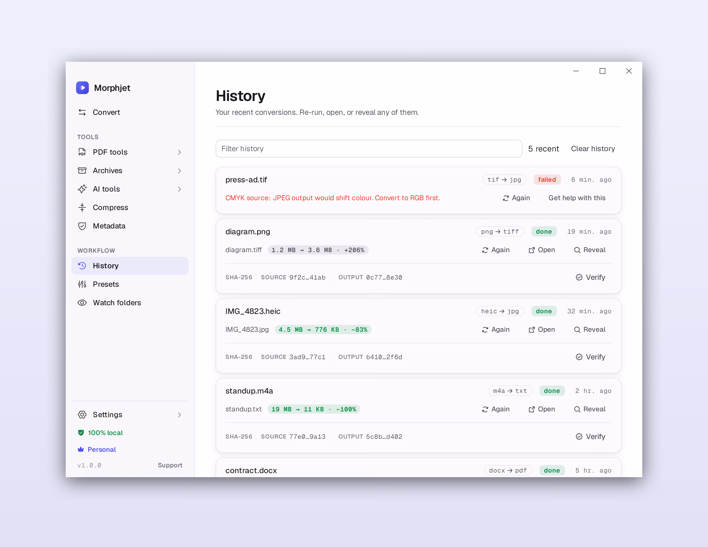 Morphjet's history view, listing recent conversions with size savings, a failure and its reason, and re-run controls.