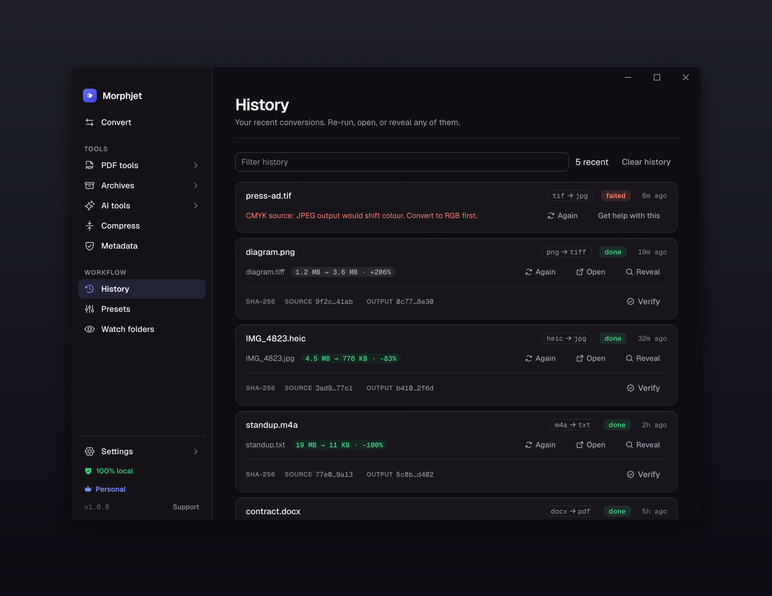 Morphjet's history view, listing recent conversions with size savings, a failure and its reason, and re-run controls.