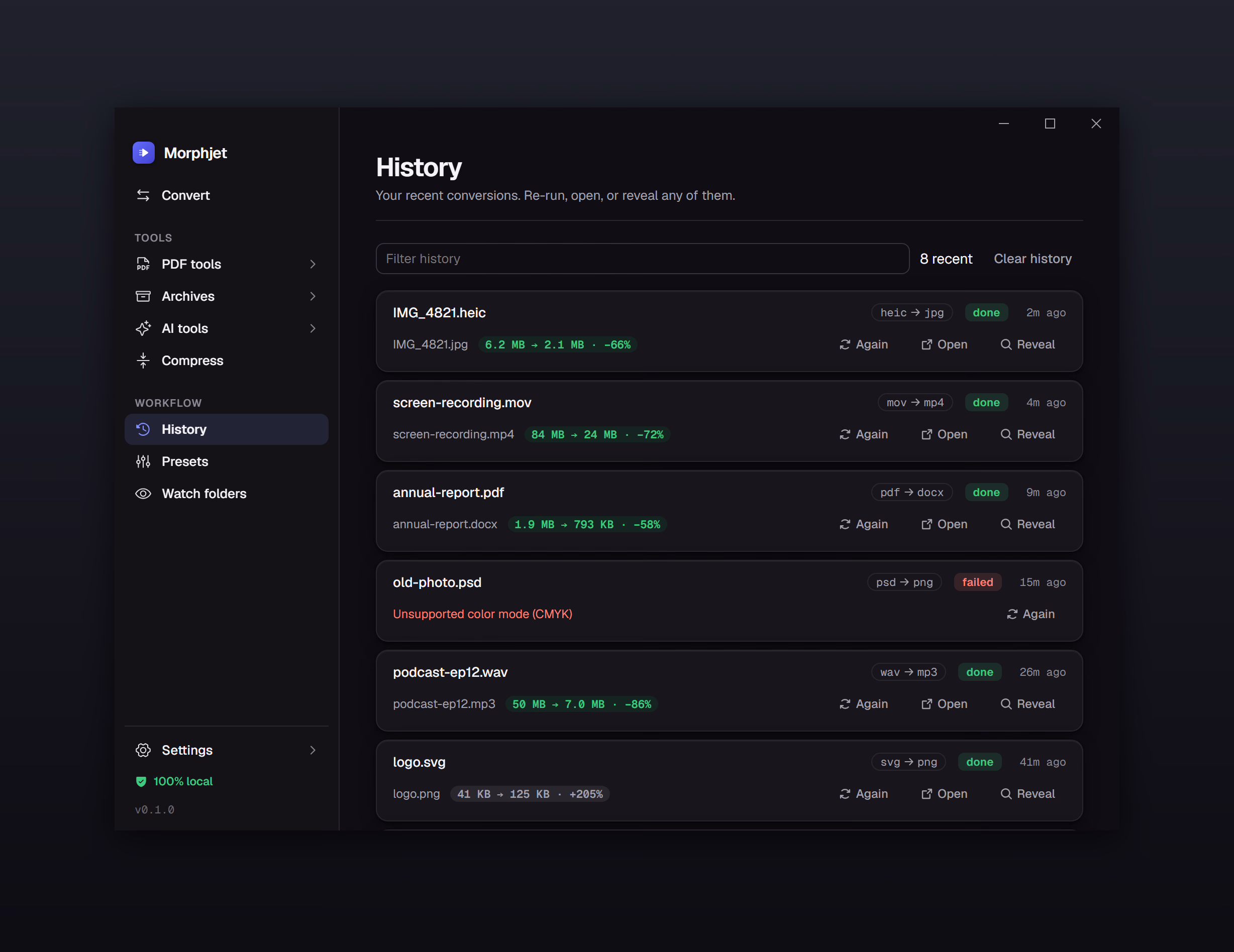 Morphjet's history view, listing recent conversions with size savings, a failure and its reason, and re-run controls.