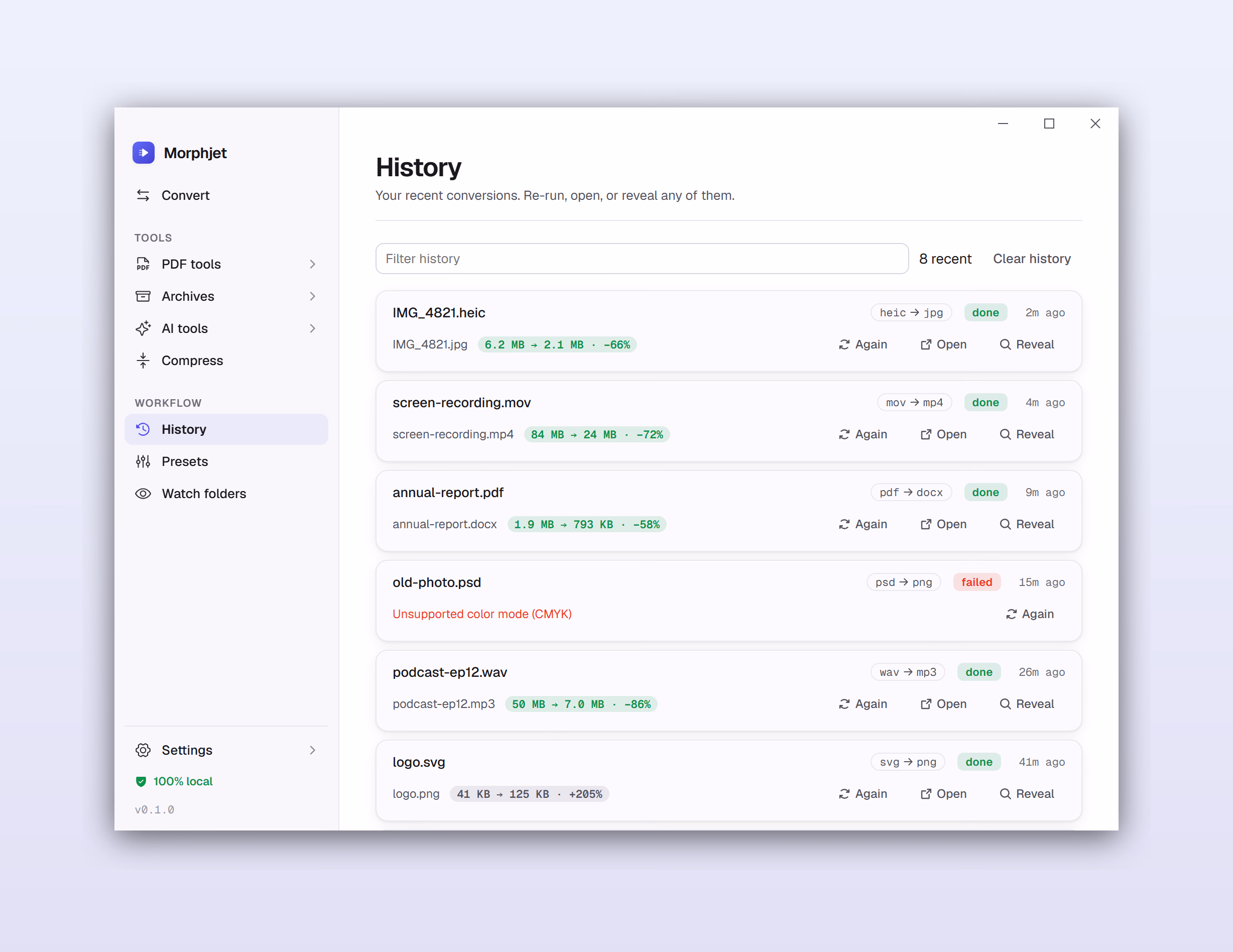 Morphjet's history view, listing recent conversions with size savings, a failure and its reason, and re-run controls.