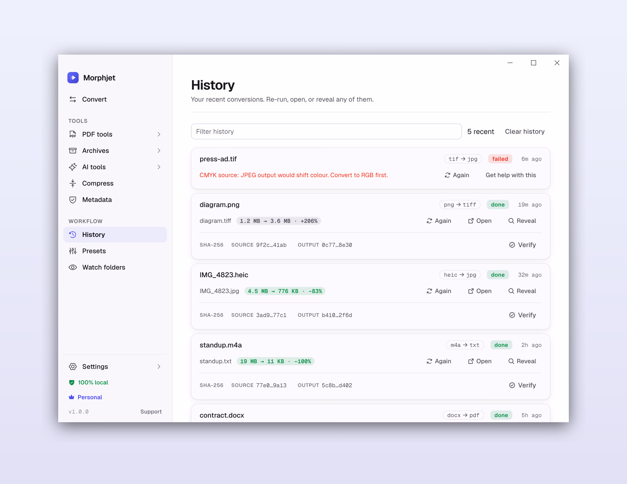 Morphjet's history view, listing recent conversions with size savings, a failure and its reason, and re-run controls.