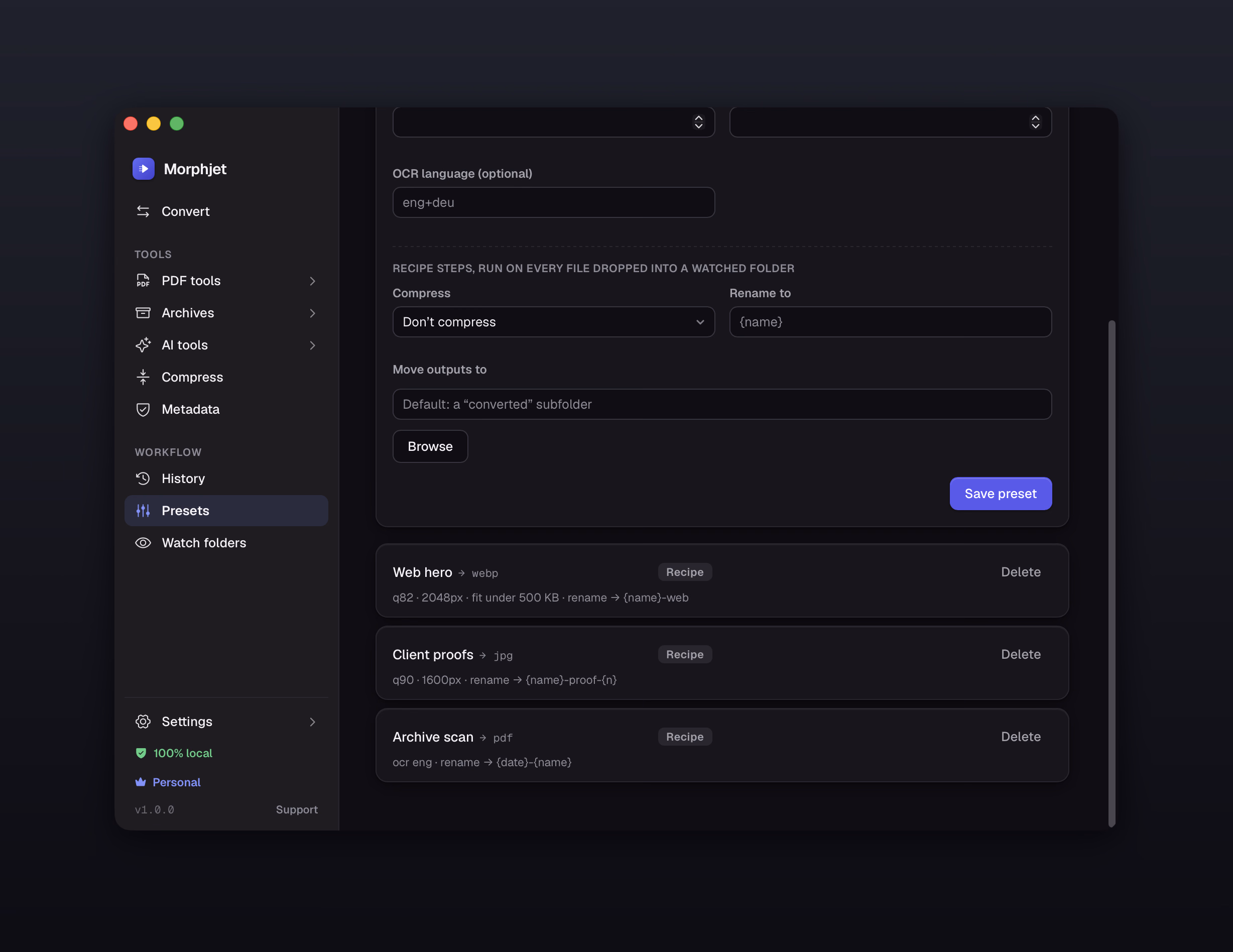 Morphjet's presets view, showing saved conversion recipes with their target formats and options.