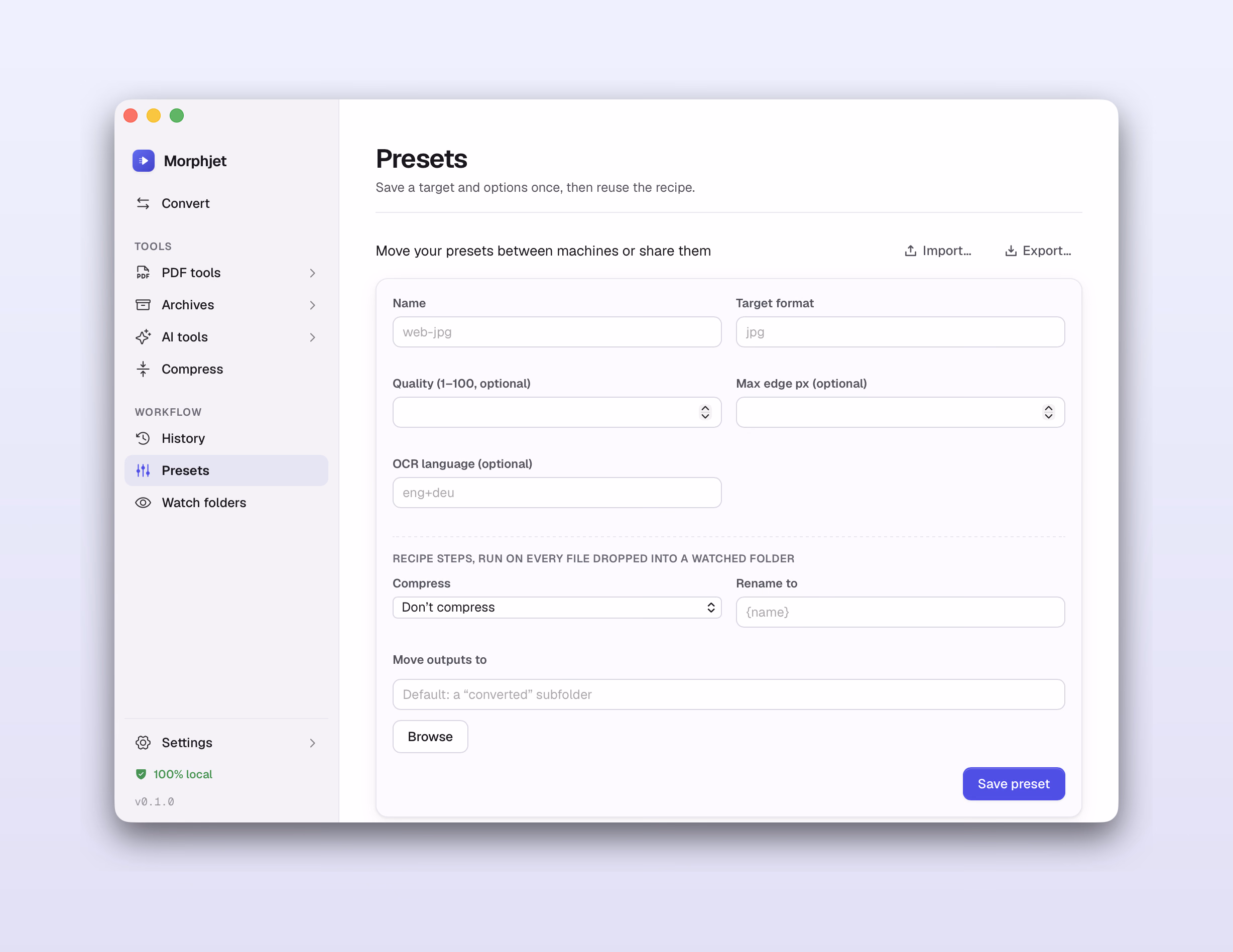 Morphjet's presets view, showing saved conversion recipes with their target formats and options.