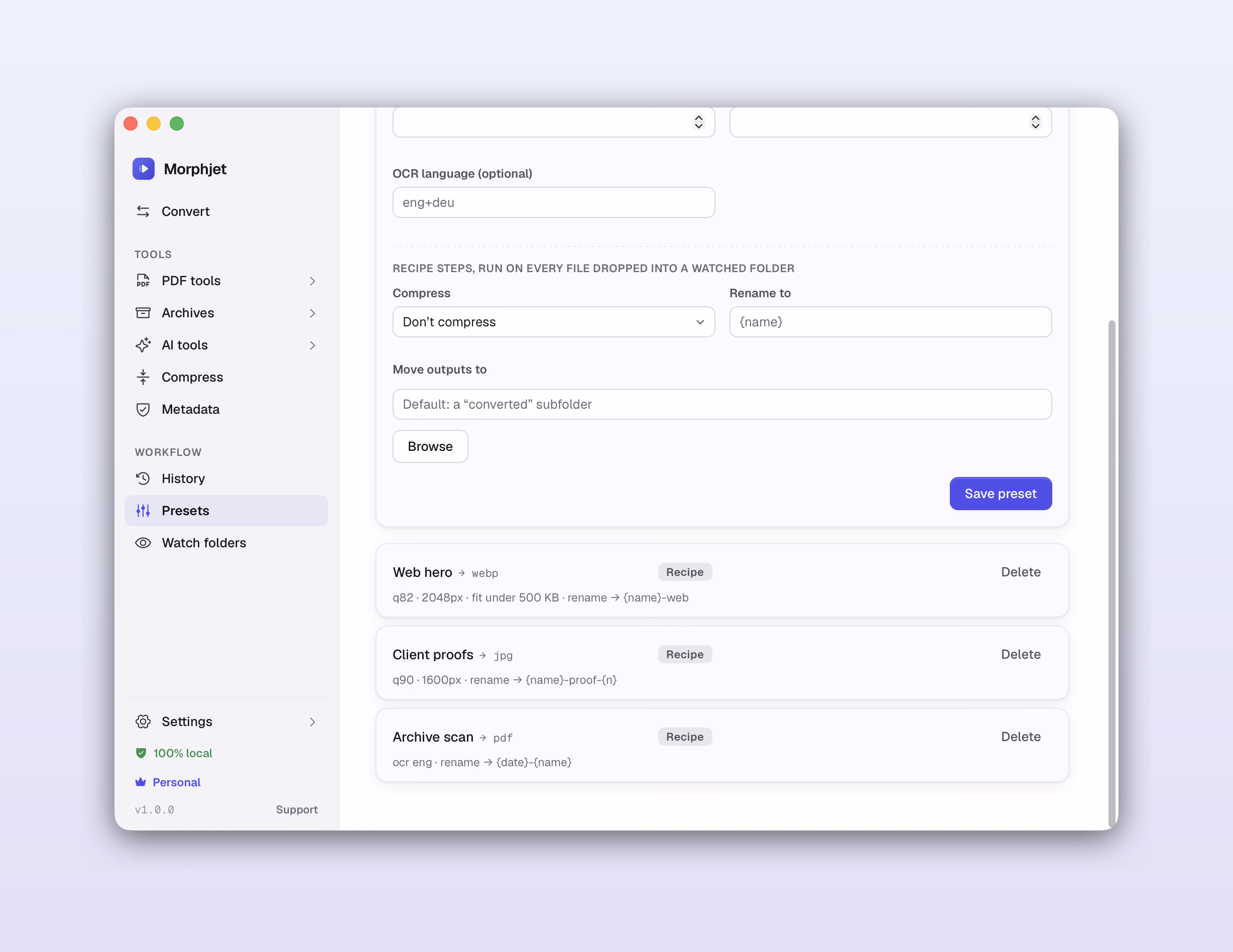 Morphjet's presets view, showing saved conversion recipes with their target formats and options.