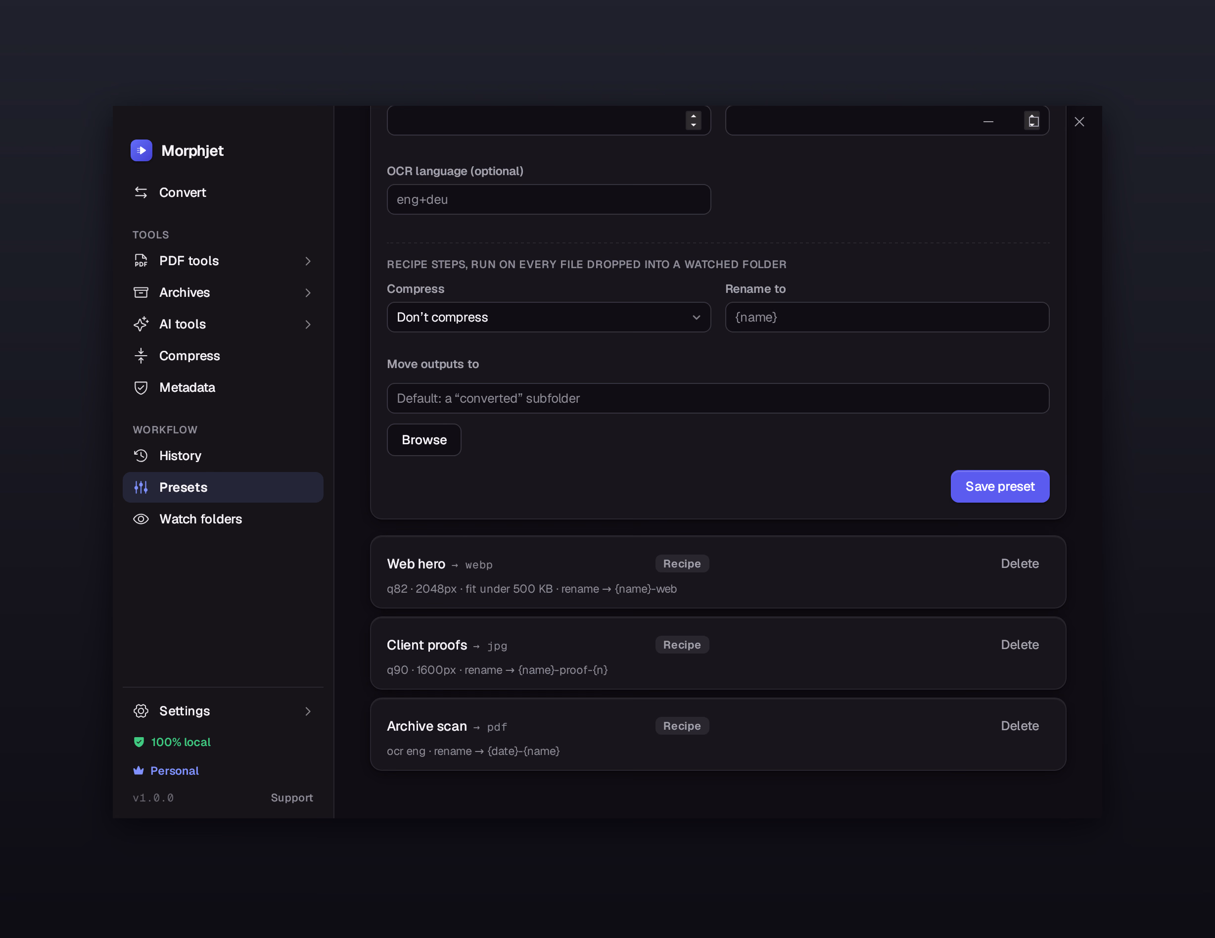 Morphjet's presets view, showing saved conversion recipes with their target formats and options.