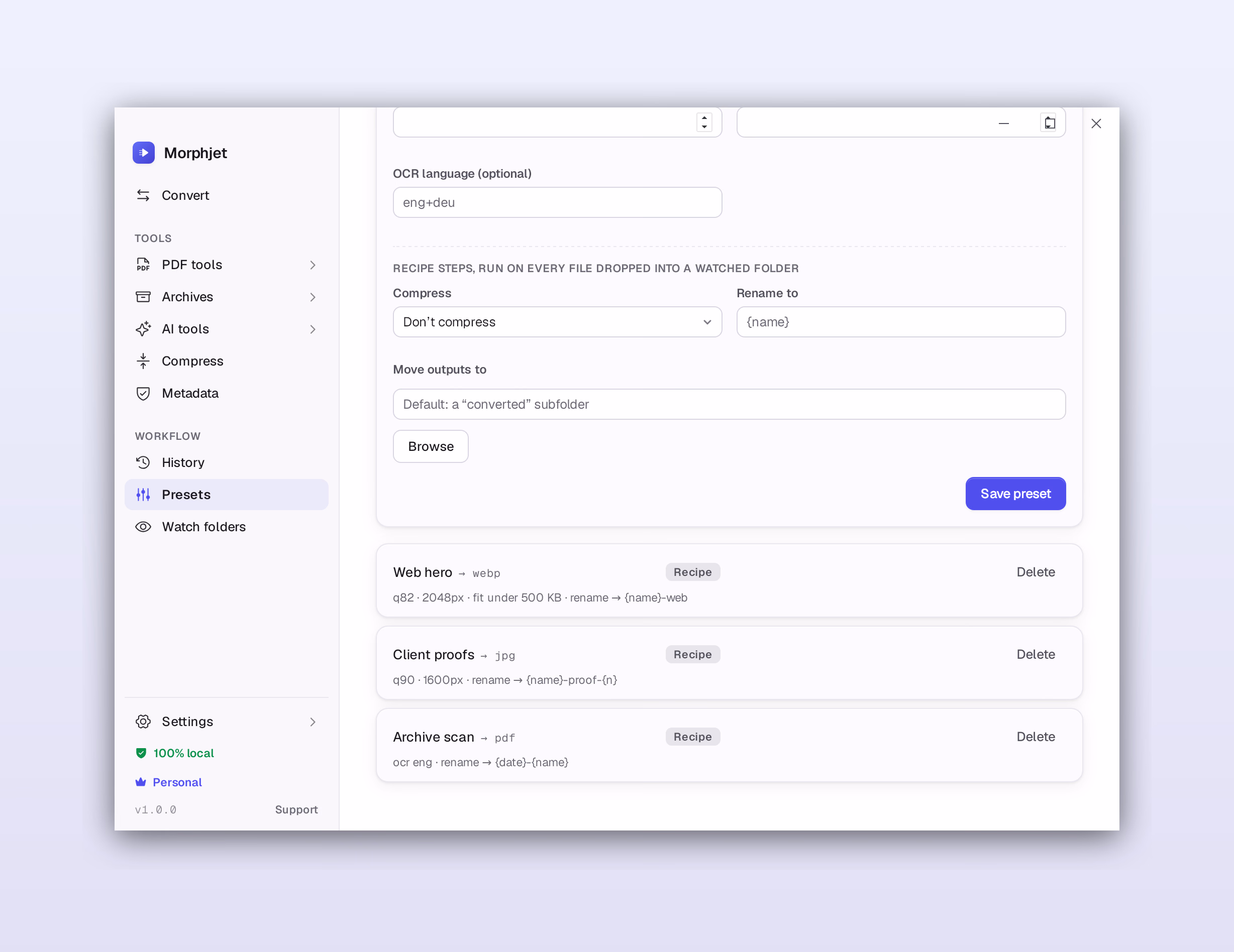 Morphjet's presets view, showing saved conversion recipes with their target formats and options.