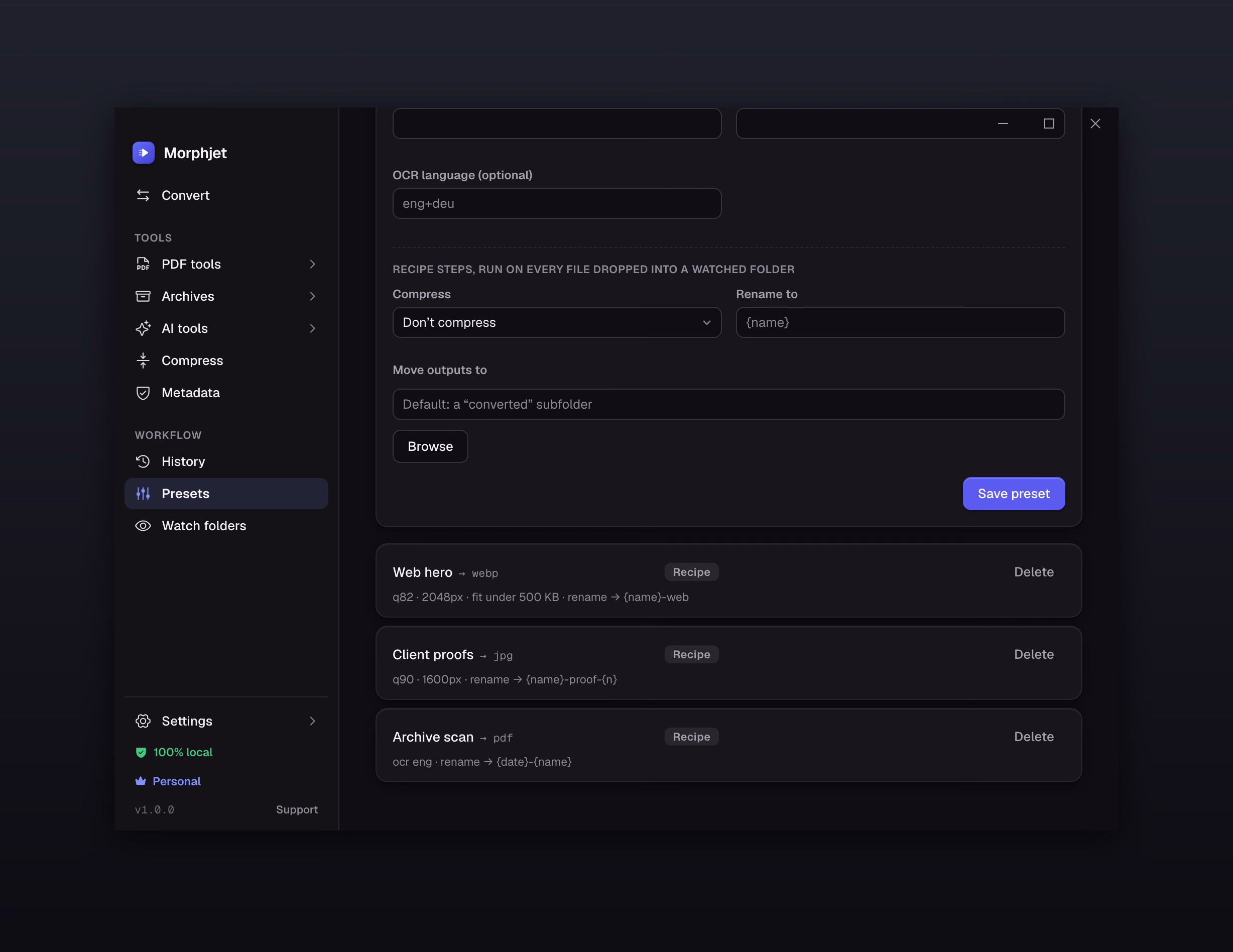 Morphjet's presets view, showing saved conversion recipes with their target formats and options.