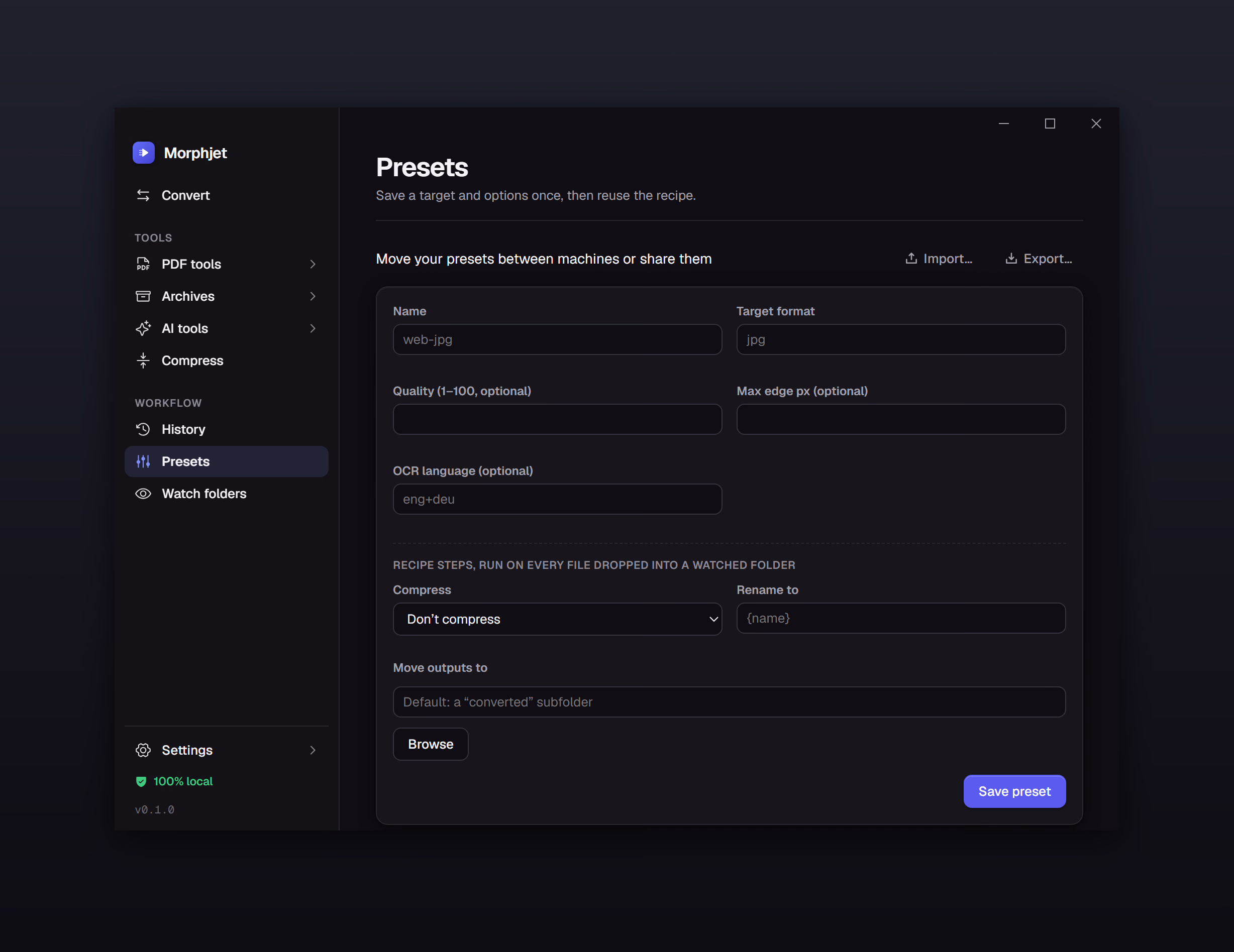 Morphjet's presets view, showing saved conversion recipes with their target formats and options.