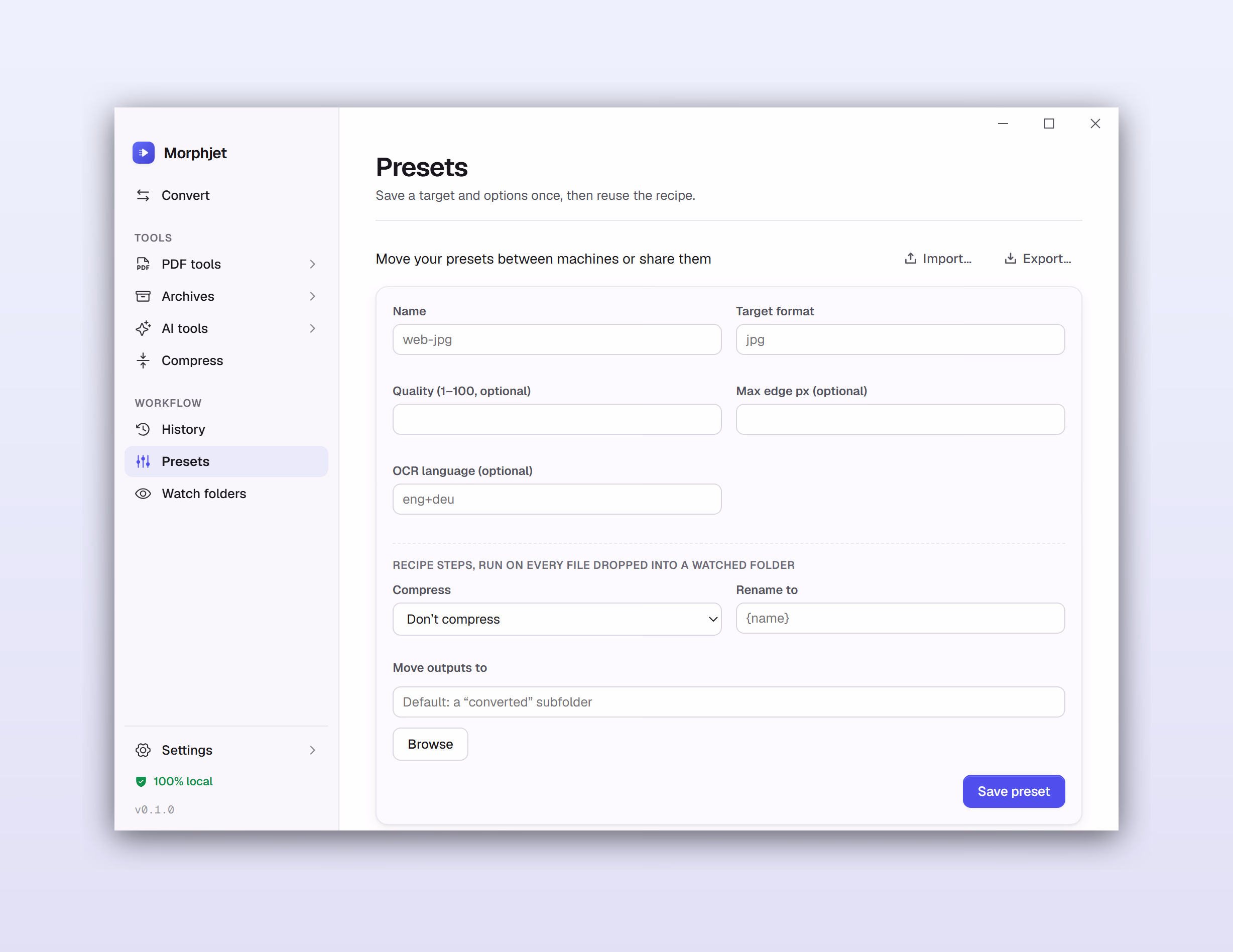 Morphjet's presets view, showing saved conversion recipes with their target formats and options.