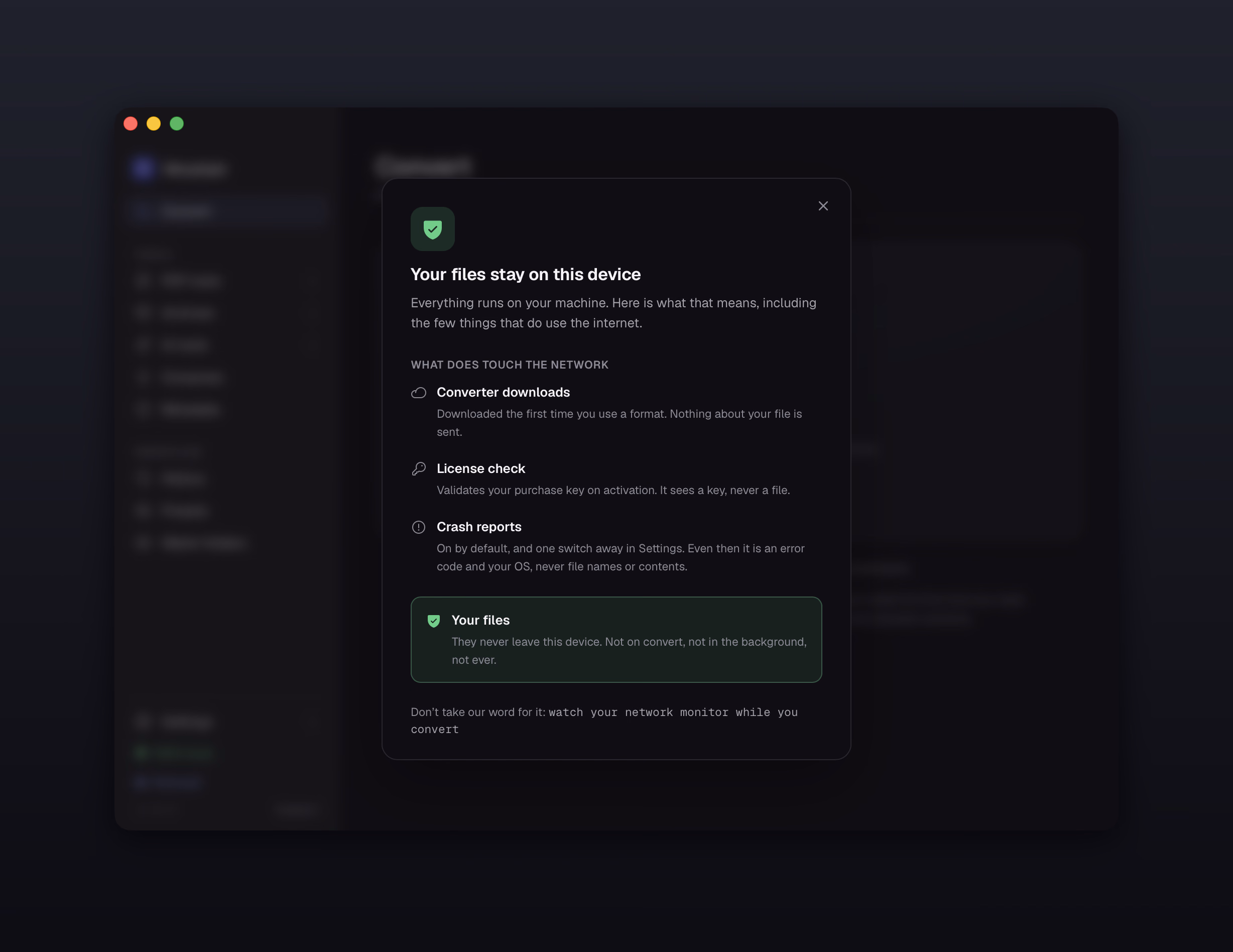 Morphjet's privacy panel showing conversions run fully on-device with no network activity.