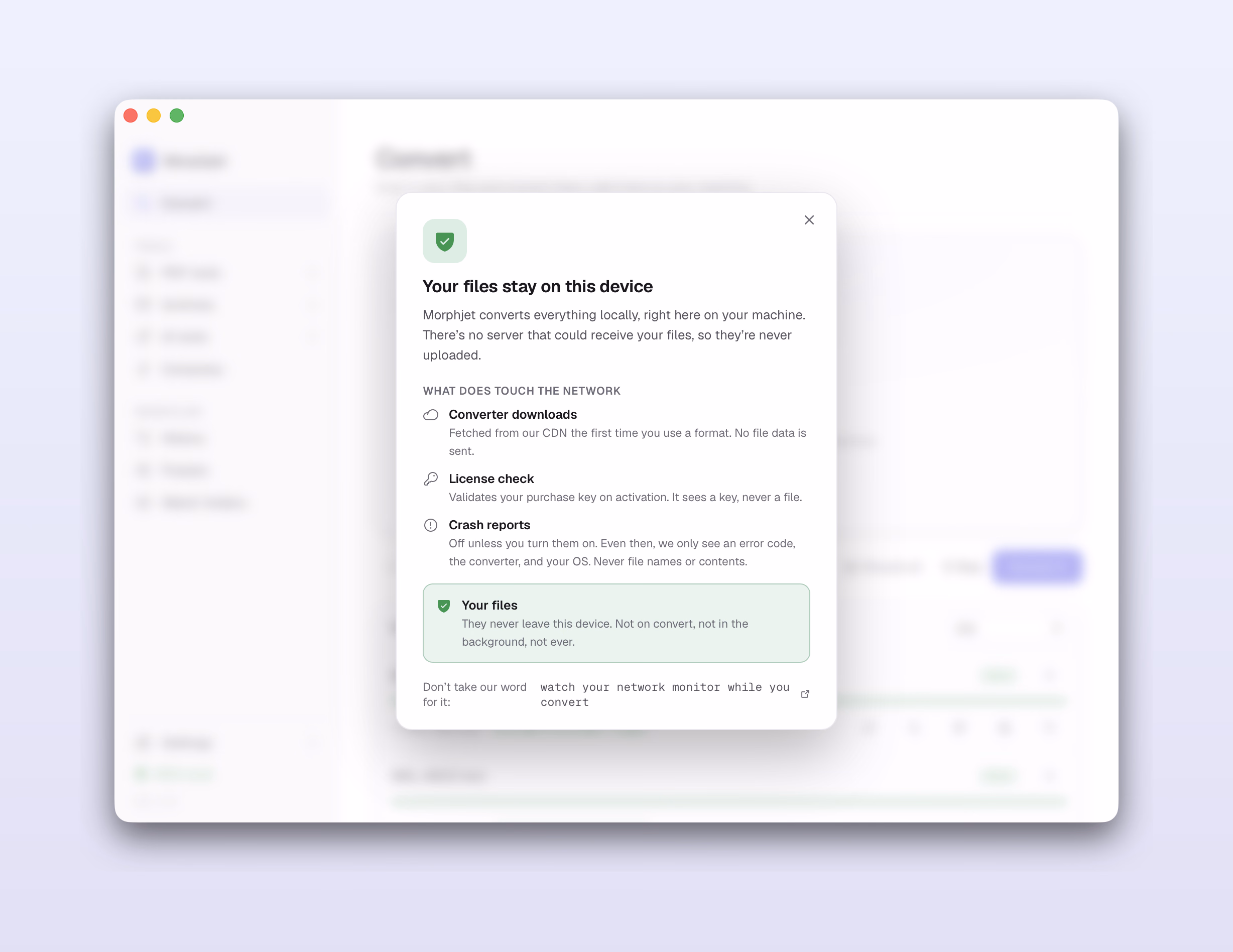 Morphjet's privacy panel showing conversions run fully on-device with no network activity.