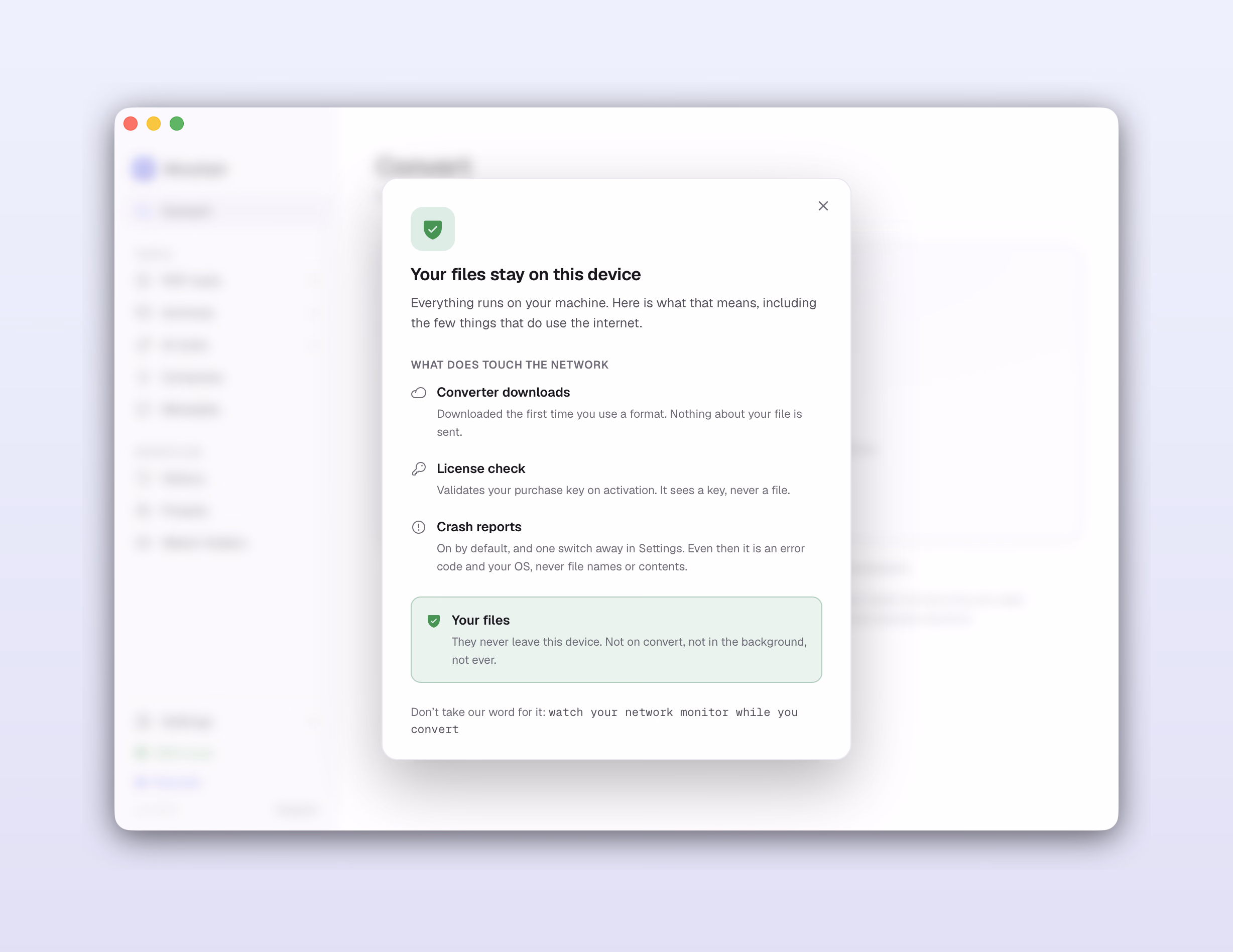 Morphjet's privacy panel showing conversions run fully on-device with no network activity.