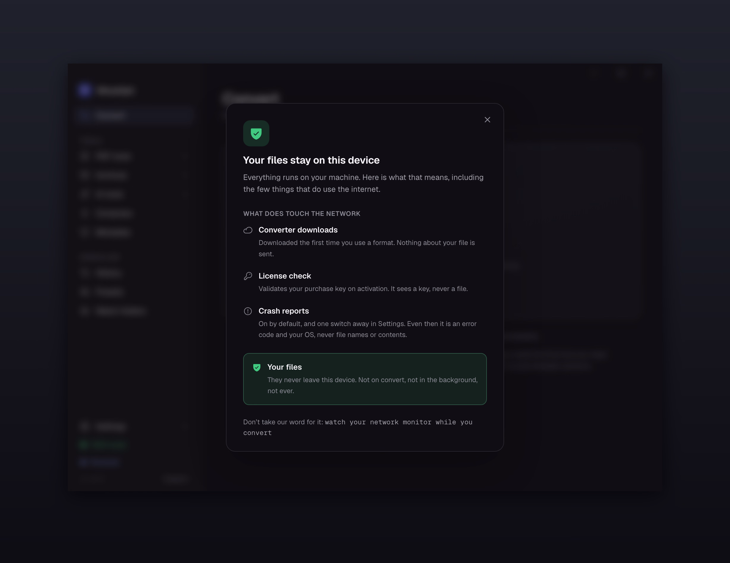 Morphjet's privacy panel showing conversions run fully on-device with no network activity.