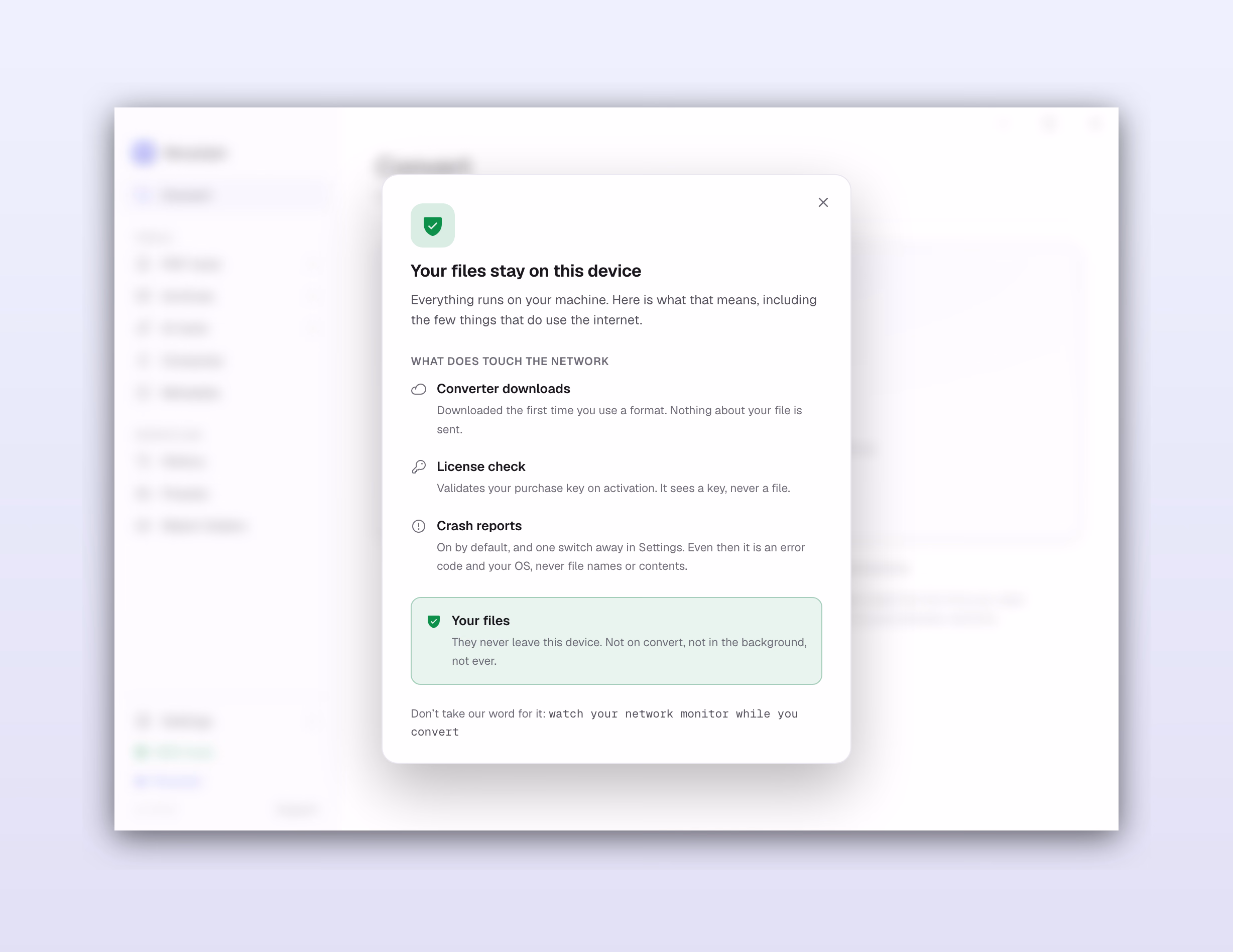 Morphjet's privacy panel showing conversions run fully on-device with no network activity.