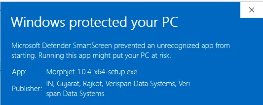 The blue Windows SmartScreen dialog reading “Windows protected your PC”, showing the app name Morphjet_1.0.4_x64-setup.exe and the publisher Verispan Data Systems.